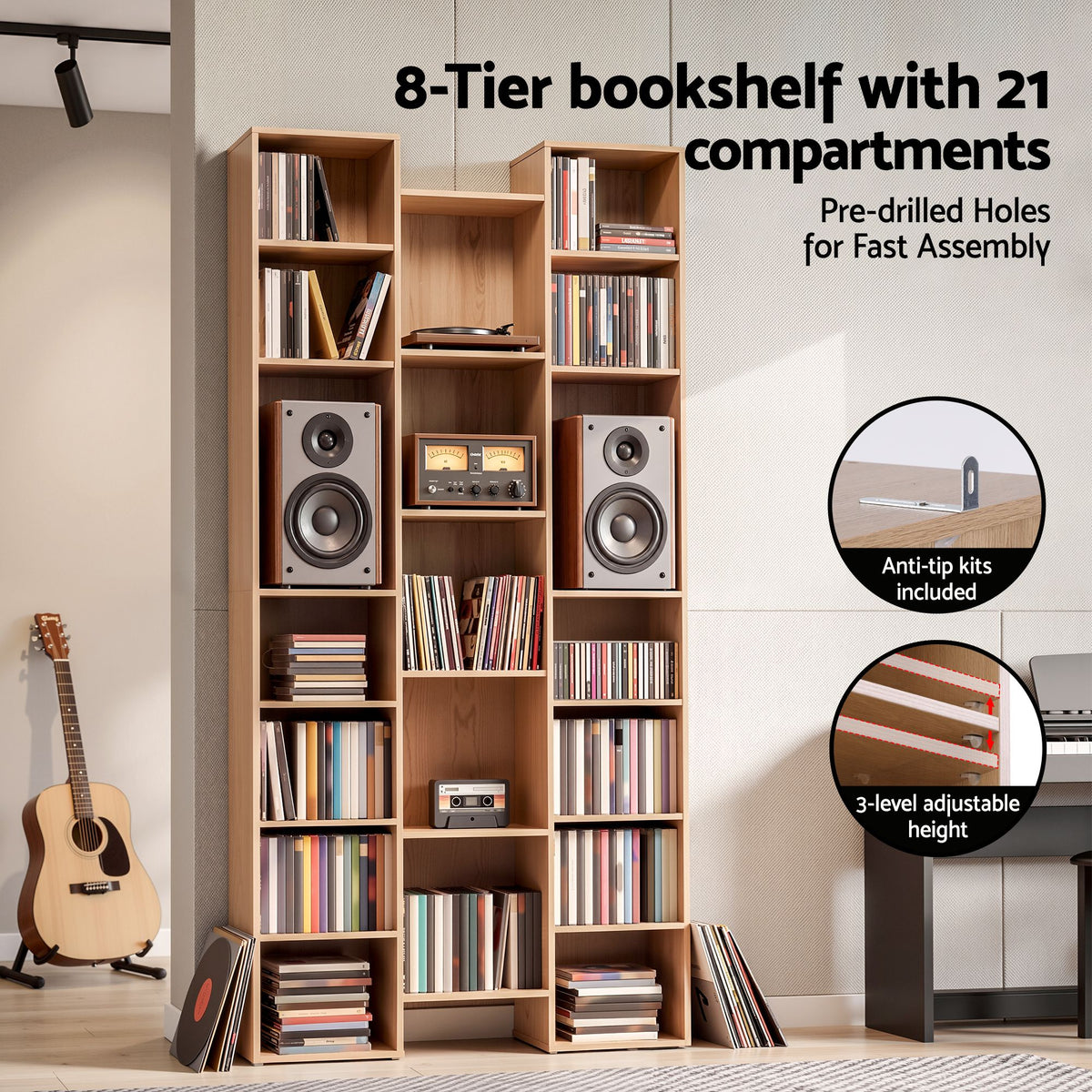 21-Compartment Adjustable Bookshelf 181cm – Natural
