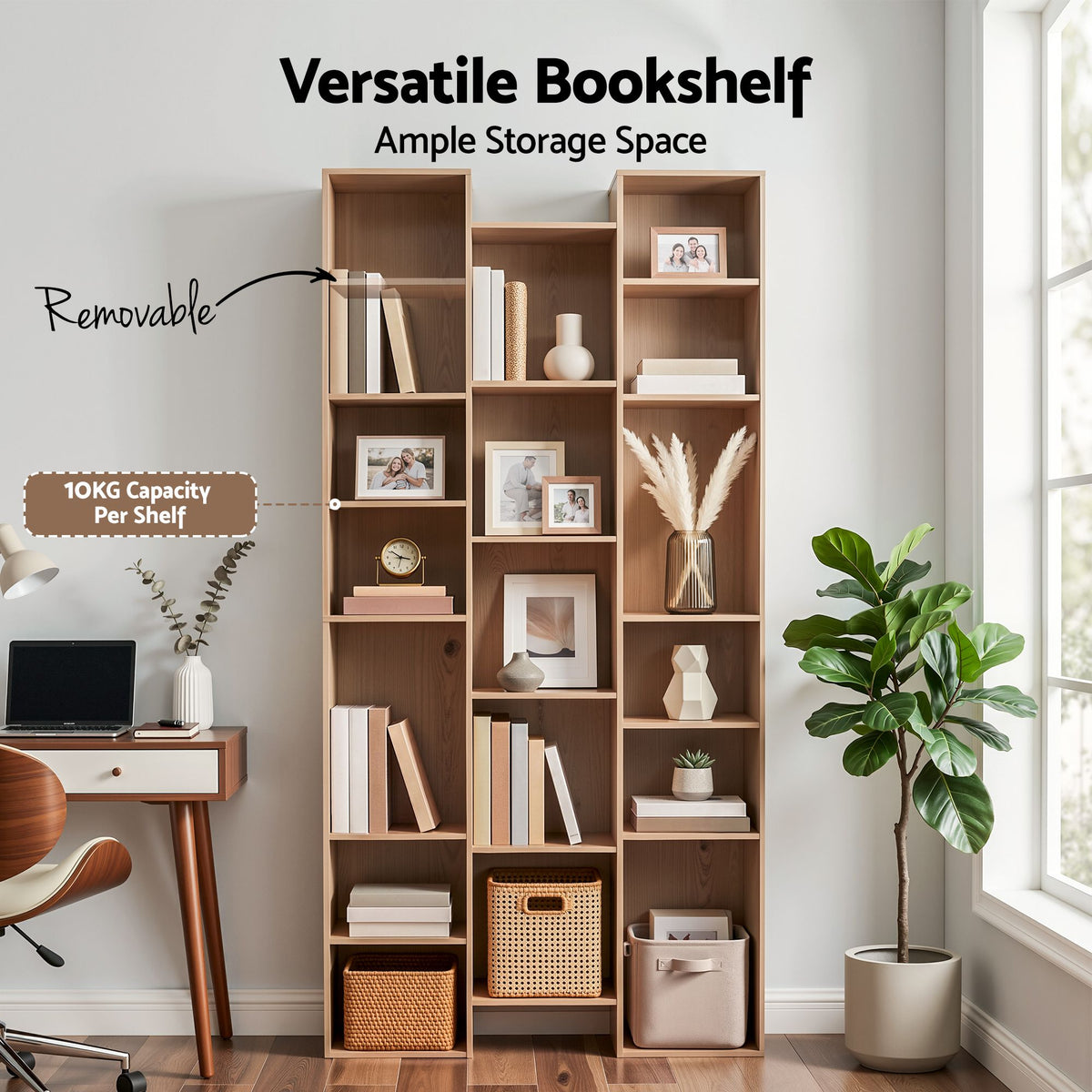 21-Compartment Adjustable Bookshelf 181cm – Natural