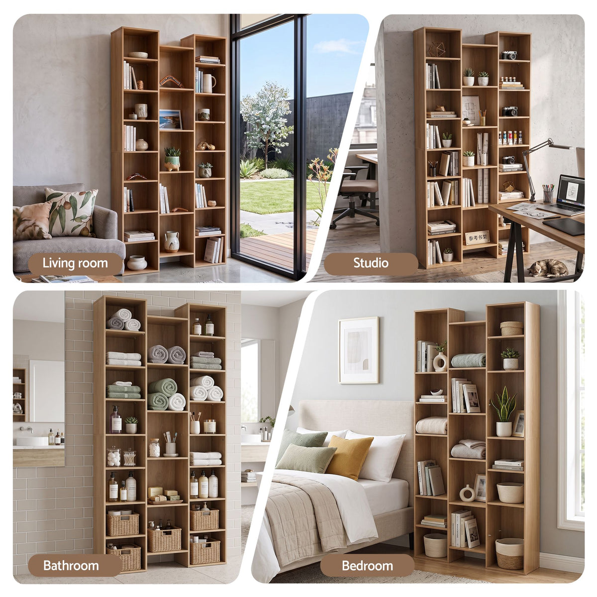 21-Compartment Adjustable Bookshelf 181cm – Natural