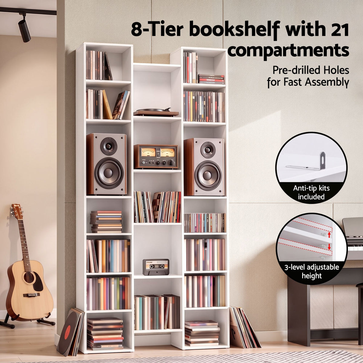 21-Compartment Adjustable Bookshelf 181cm – White