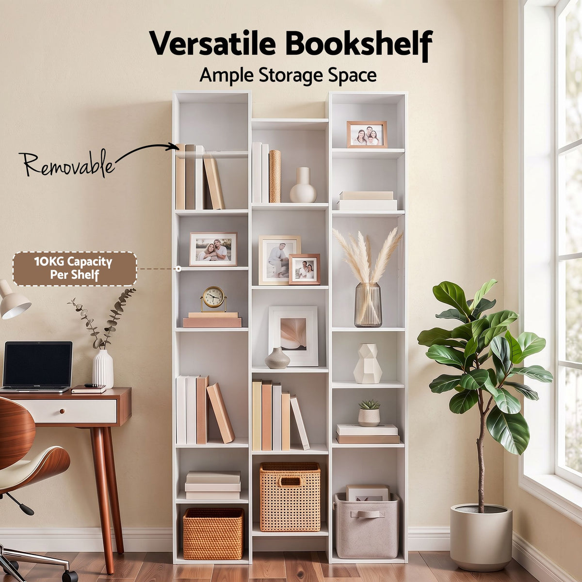 21-Compartment Adjustable Bookshelf 181cm – White