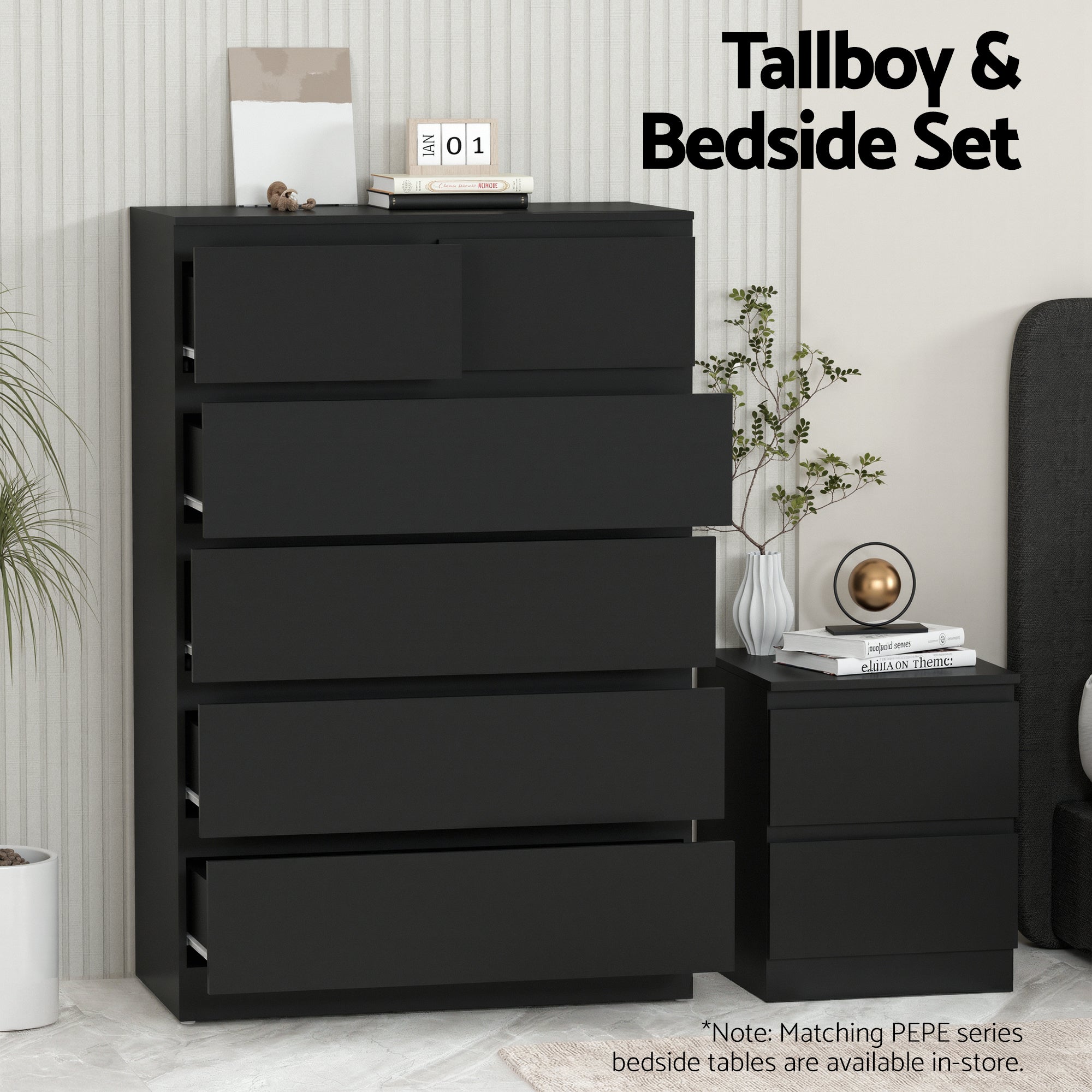 Artiss 6 Chest of Drawers Tallboy PEPE Black - Homecoze