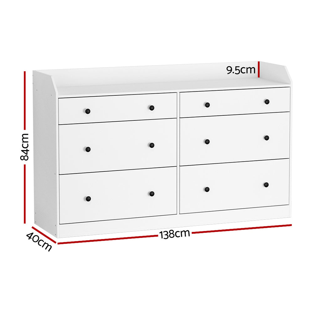 6-Drawer Lowboy Chest of Drawers with Top Shelf - White