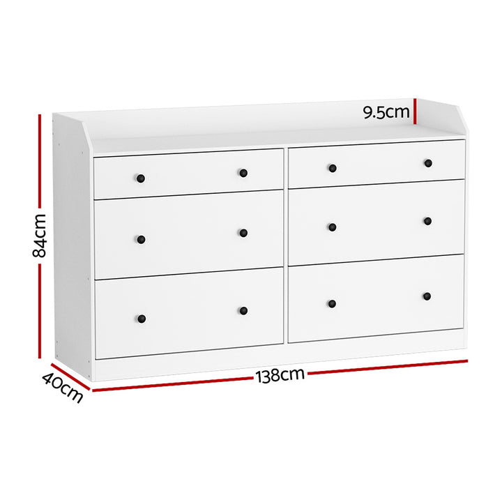 6-Drawer Lowboy Chest of Drawers with Top Shelf - White