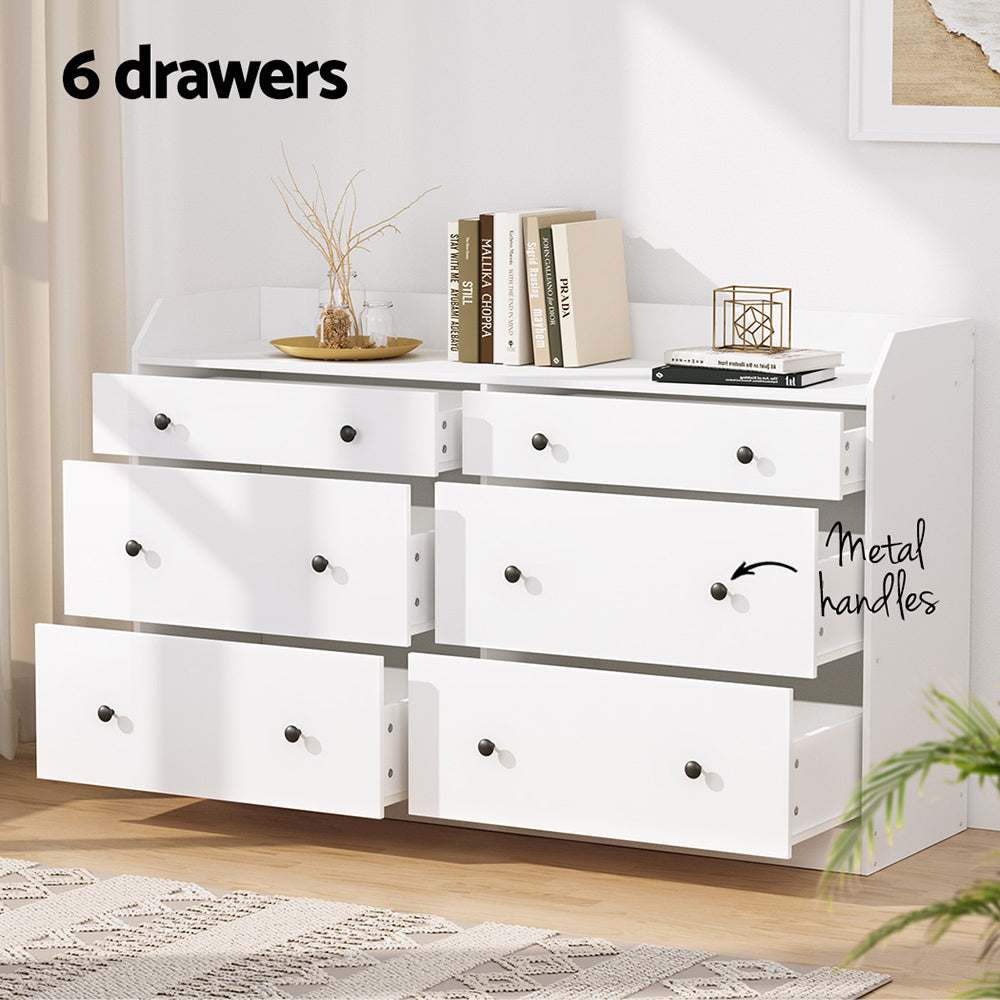 6-Drawer Lowboy Chest of Drawers with Top Shelf - White - Homecoze