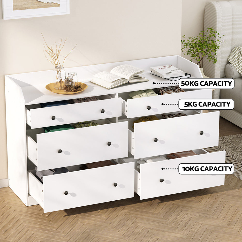 6-Drawer Lowboy Chest of Drawers with Top Shelf - White