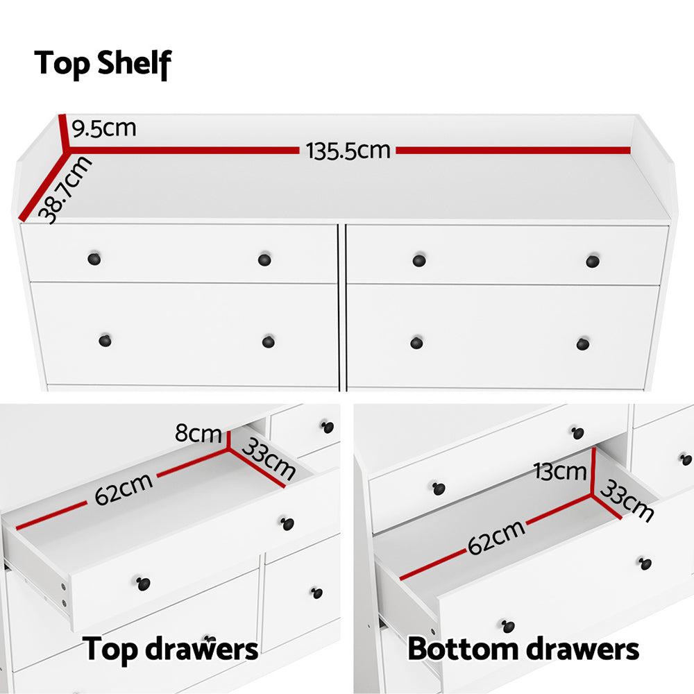 6-Drawer Lowboy Chest of Drawers with Top Shelf - White