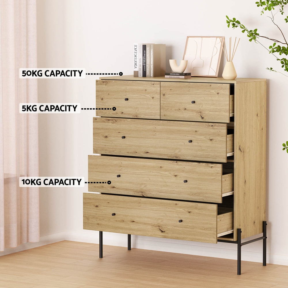 Industrial Style 5 Drawer Chest of Drawers - Pine