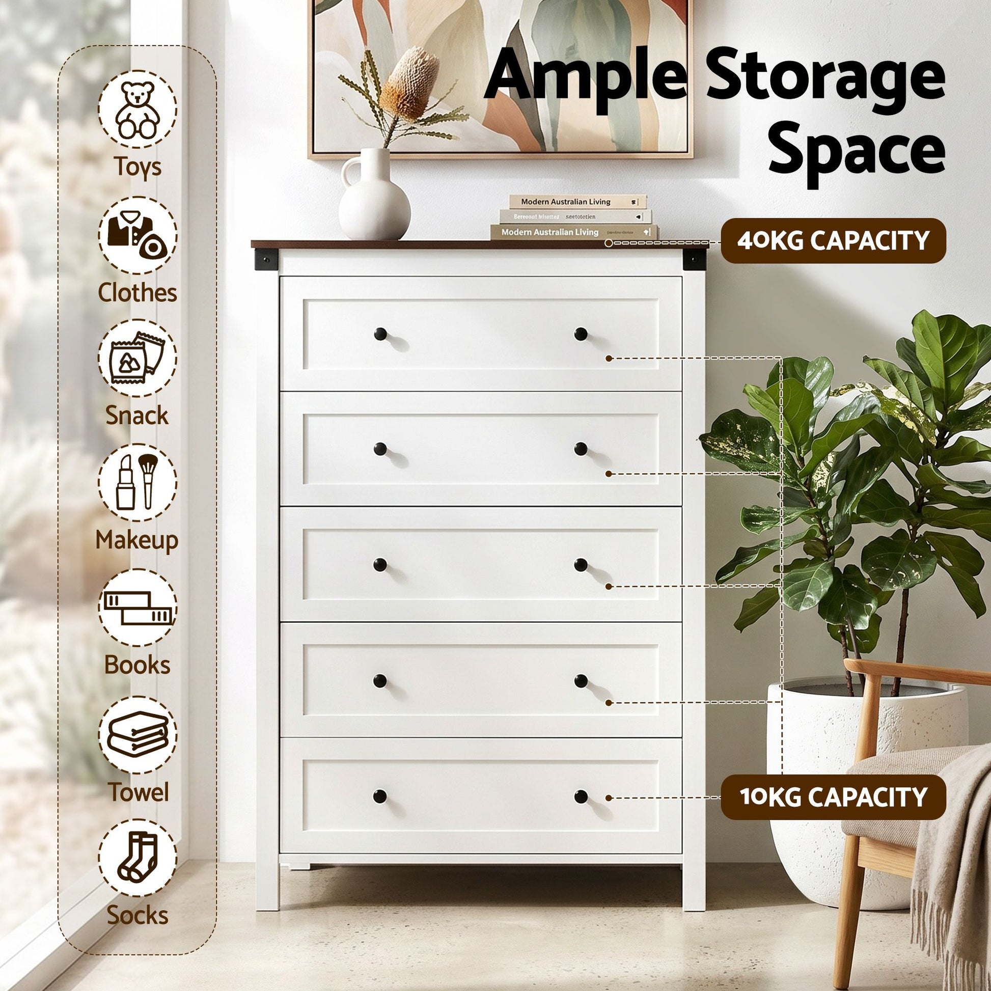 Artiss 5 Chest of Drawers Storage Tallboy White & Walnut - Homecoze