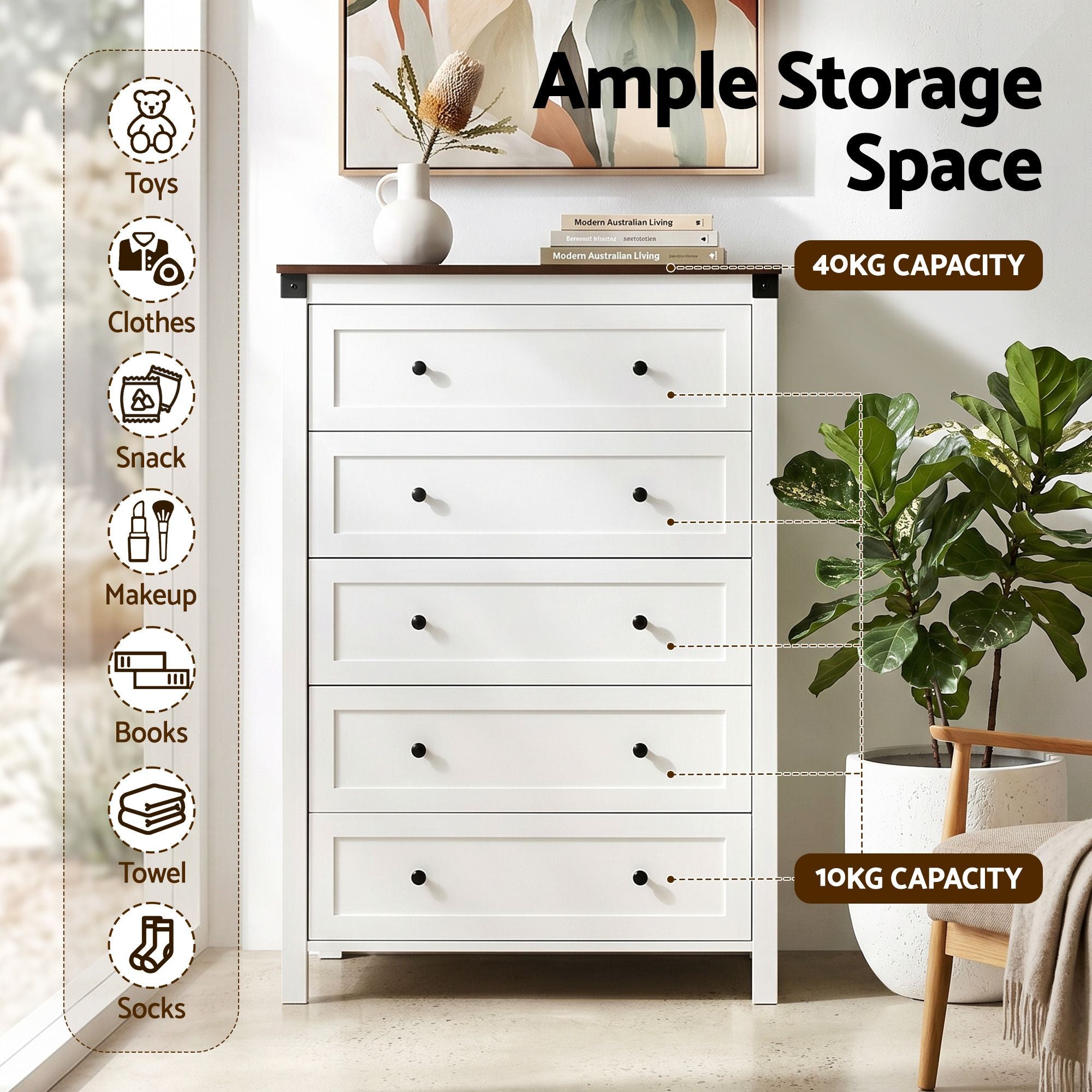 Artiss 5 Chest of Drawers Storage Tallboy White & Walnut - Homecoze