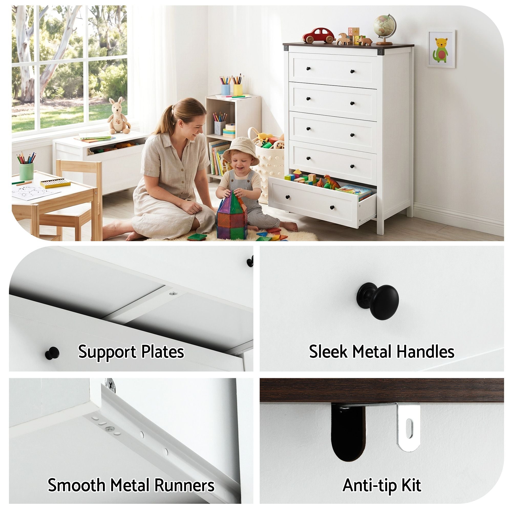 Artiss 5 Chest of Drawers Storage Tallboy White & Walnut - Homecoze