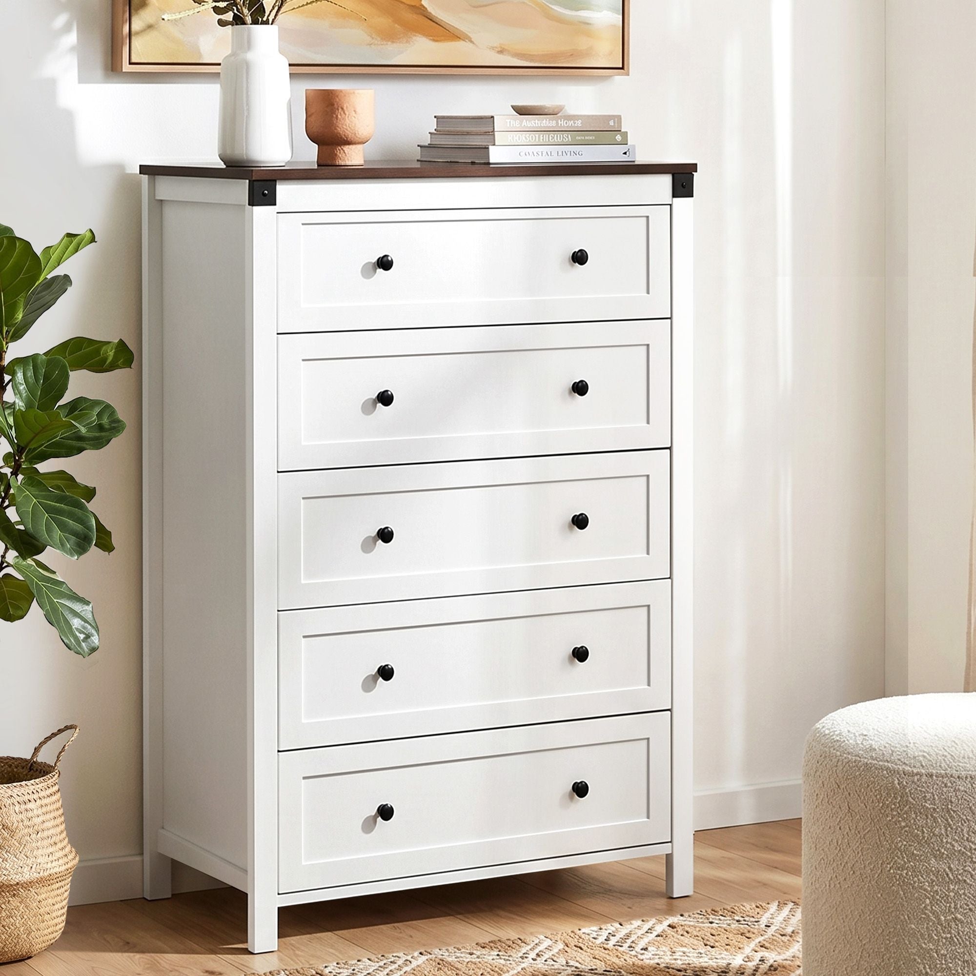 Artiss 5 Chest of Drawers Storage Tallboy White & Walnut - Homecoze