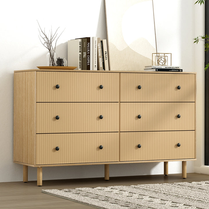 6 Drawer Fluted Front Lowboy Chest of Drawers - Oak