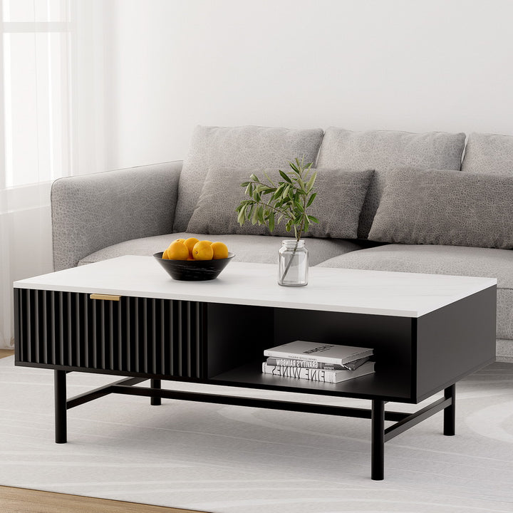 Modern Coffee Table with Marble Style Top - Black