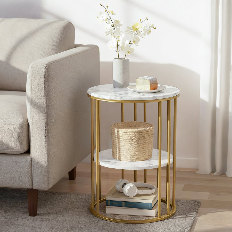 Artiss Coffee Table 2-Tier Round Marble Effect White&Gold - Homecoze