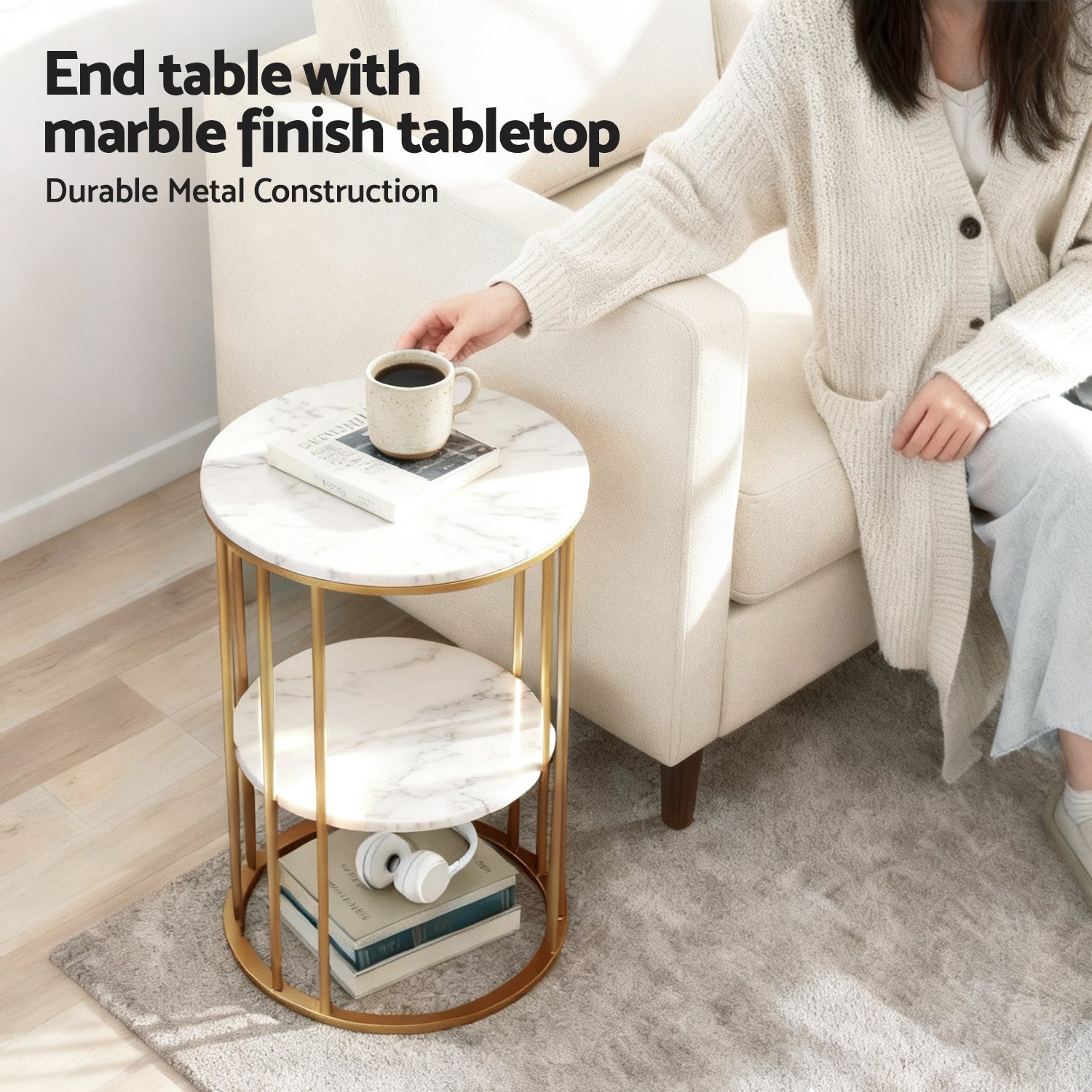 Artiss Coffee Table 2-Tier Round Marble Effect White&Gold - Homecoze