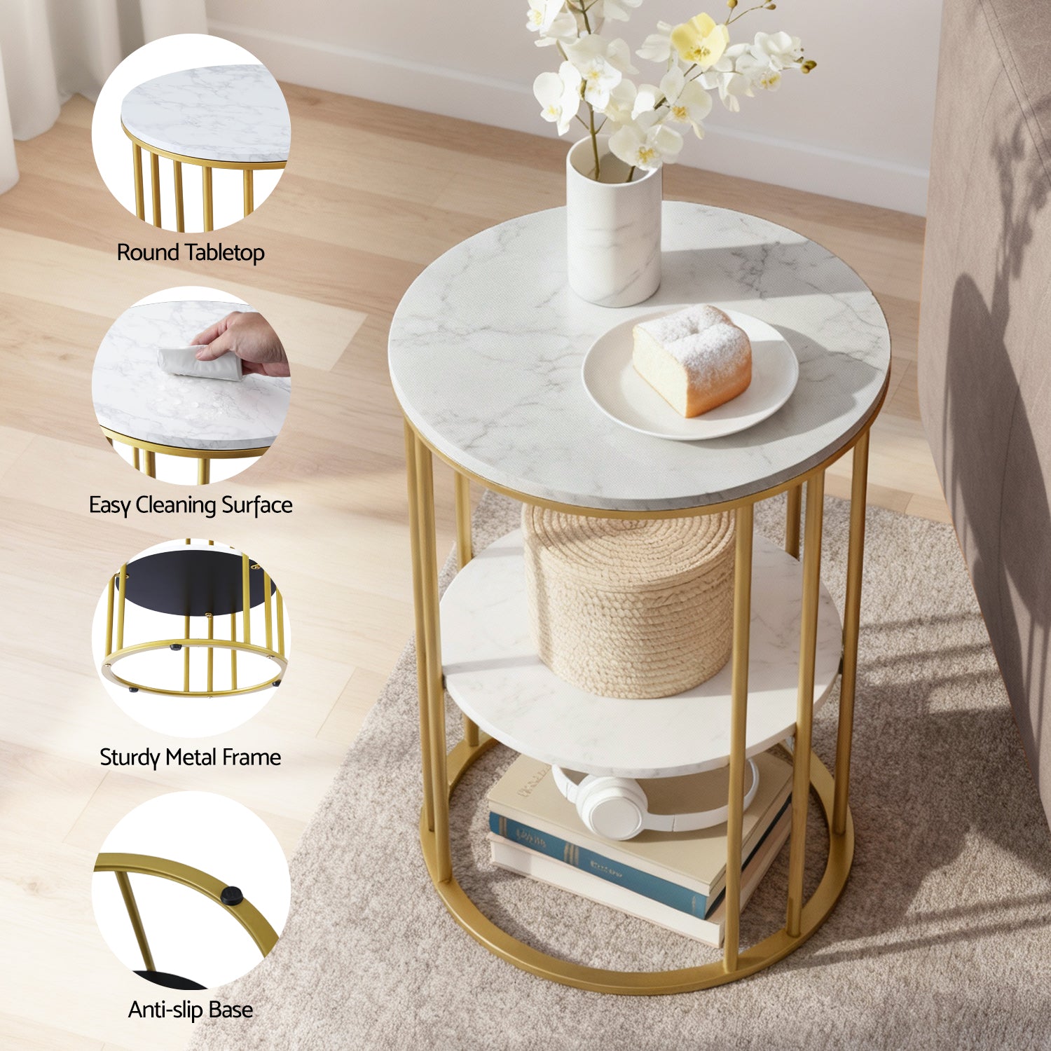 Artiss Coffee Table 2-Tier Round Marble Effect White&Gold - Homecoze