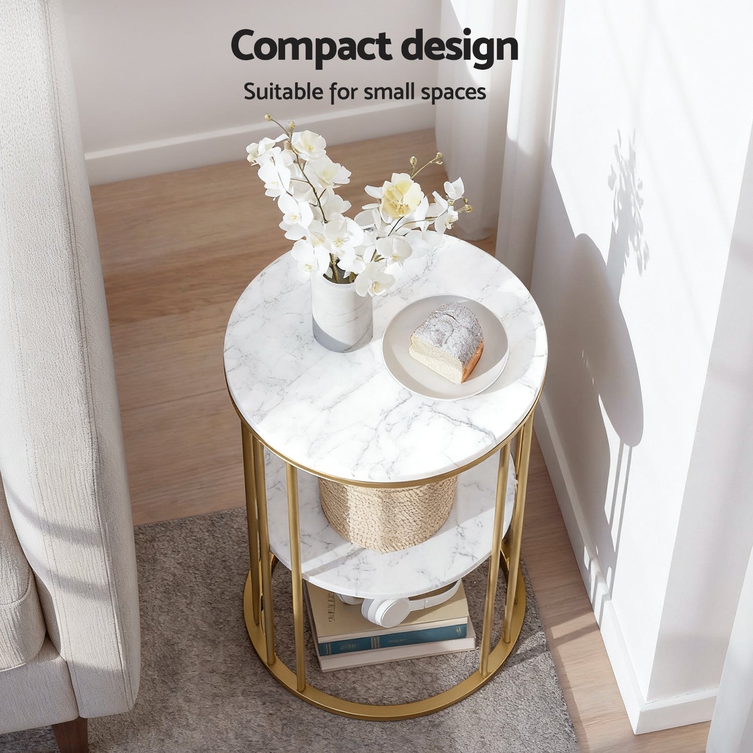 Artiss Coffee Table 2-Tier Round Marble Effect White&Gold - Homecoze