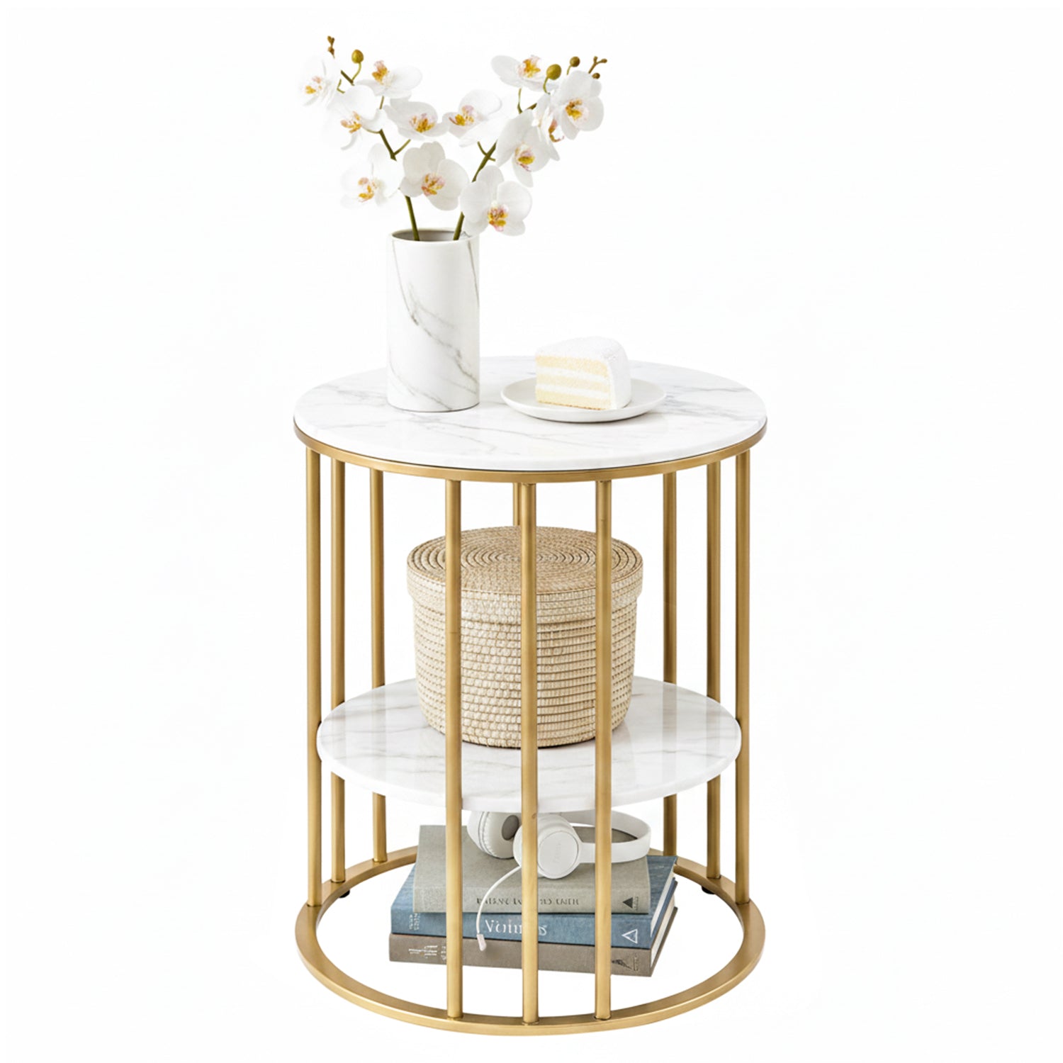Artiss Coffee Table 2-Tier Round Marble Effect White&Gold - Homecoze