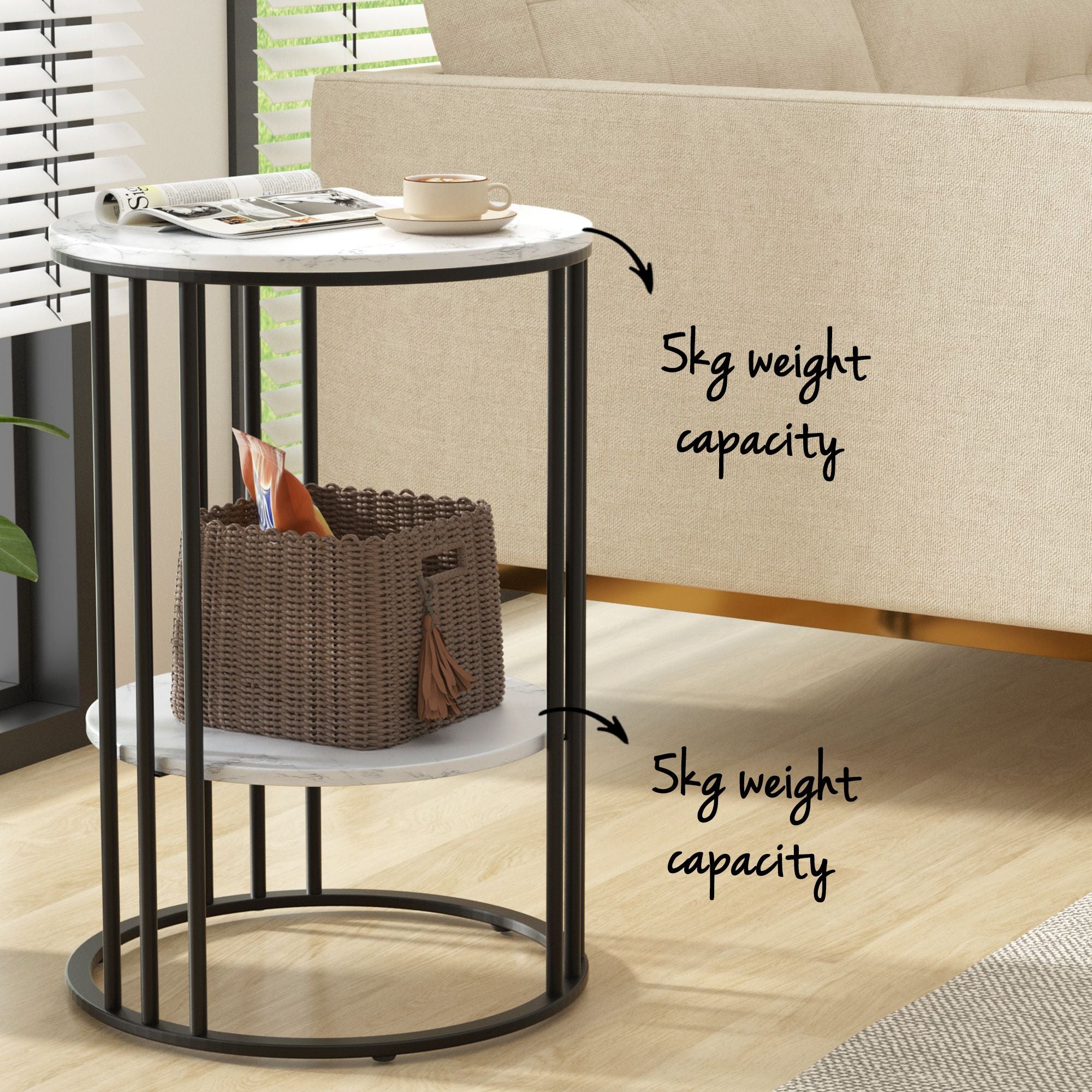 Talia (Set of 2) Round Marble Effect Side Tables - Black/White