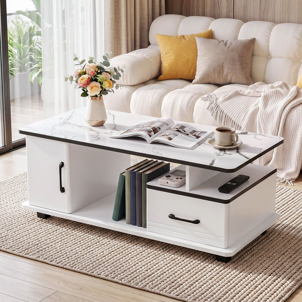 Sabine Marble-Look Storage Coffee Table 100cm – White