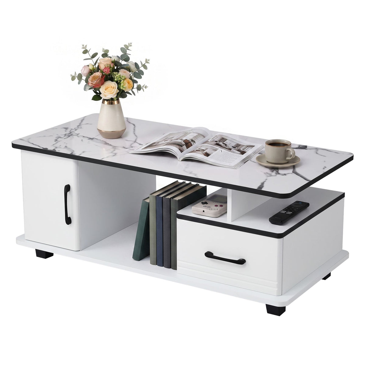 Sabine Marble-Look Storage Coffee Table 100cm – White
