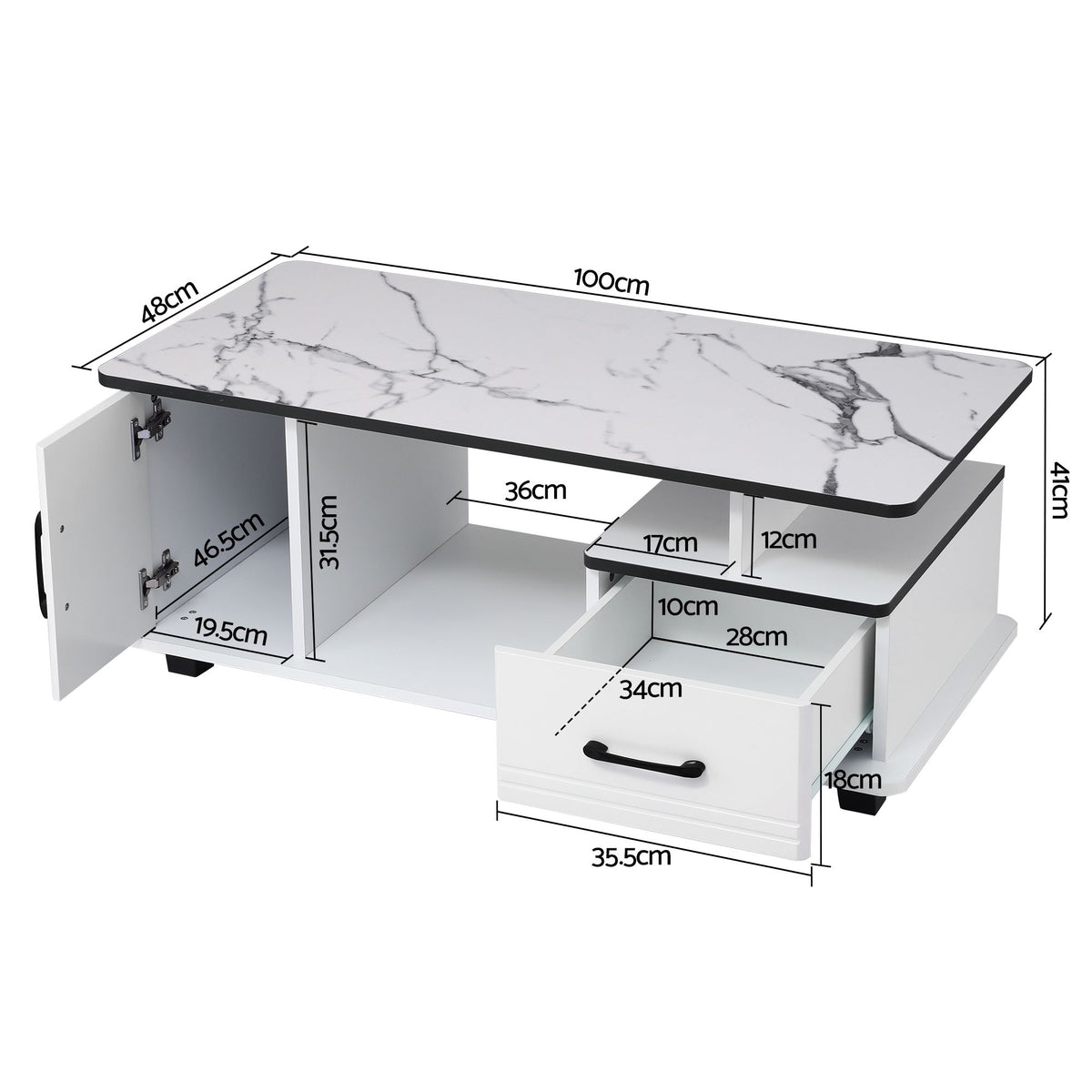 Sabine Marble-Look Storage Coffee Table 100cm – White