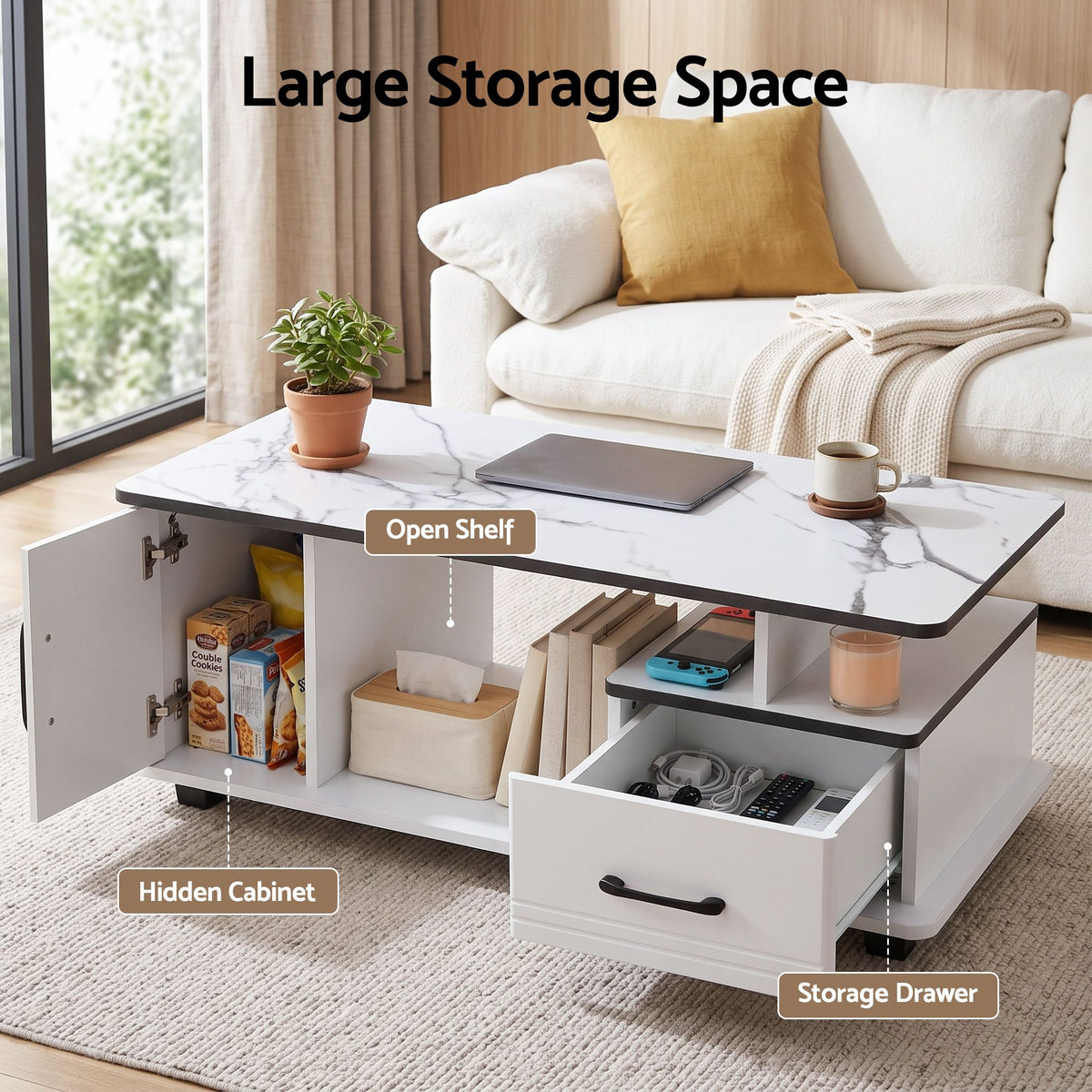 Sabine Marble-Look Storage Coffee Table 100cm – White