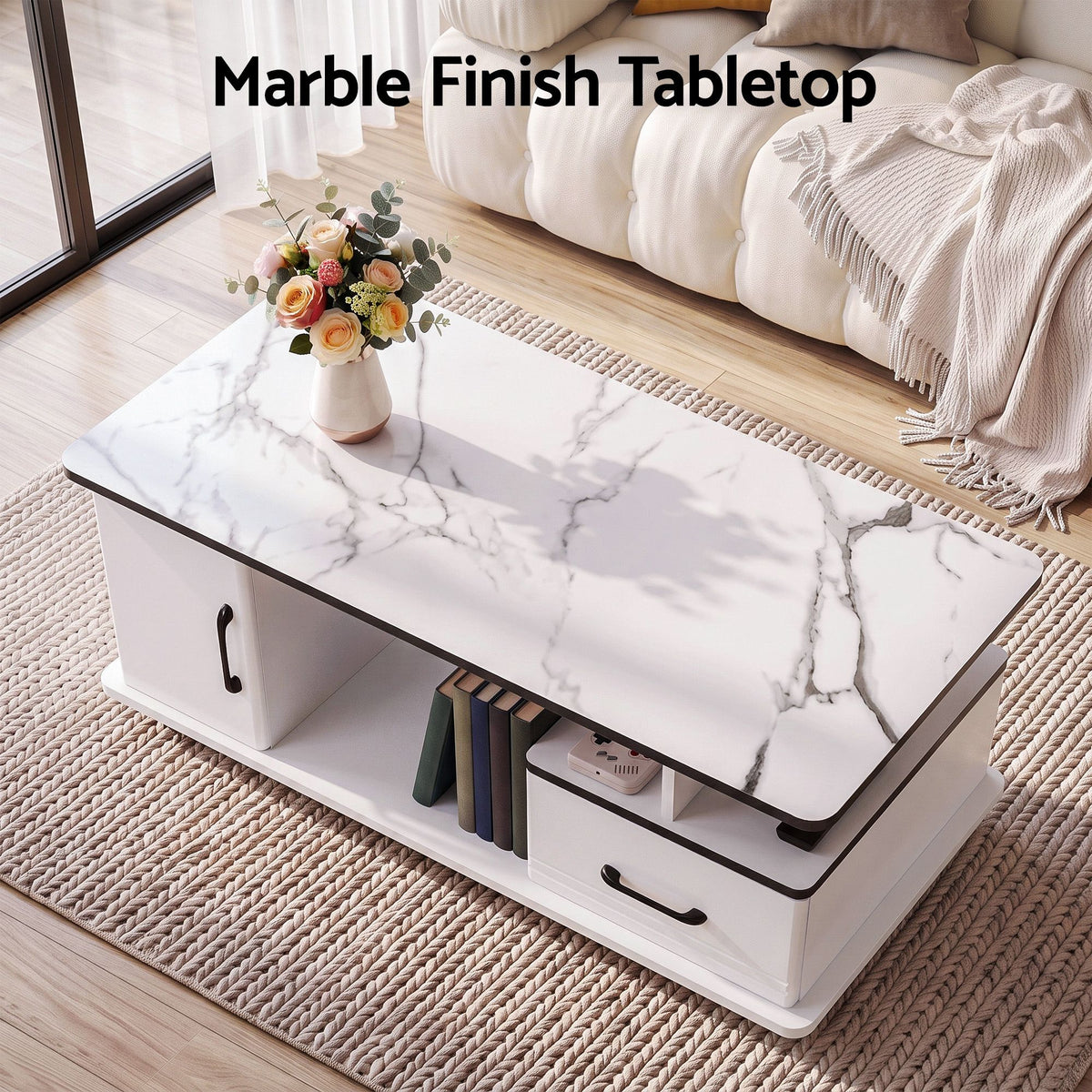 Sabine Marble-Look Storage Coffee Table 100cm – White