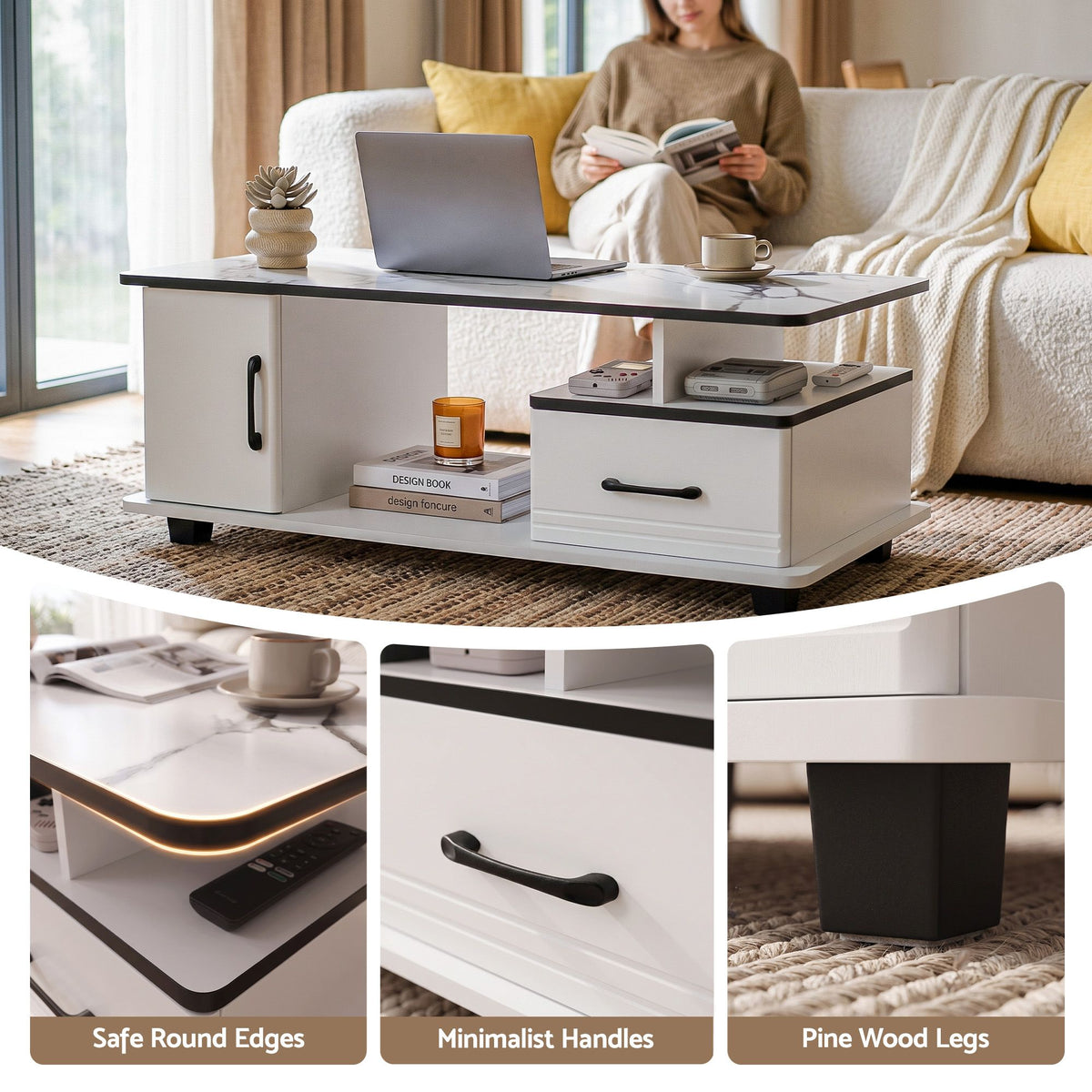 Sabine Marble-Look Storage Coffee Table 100cm – White