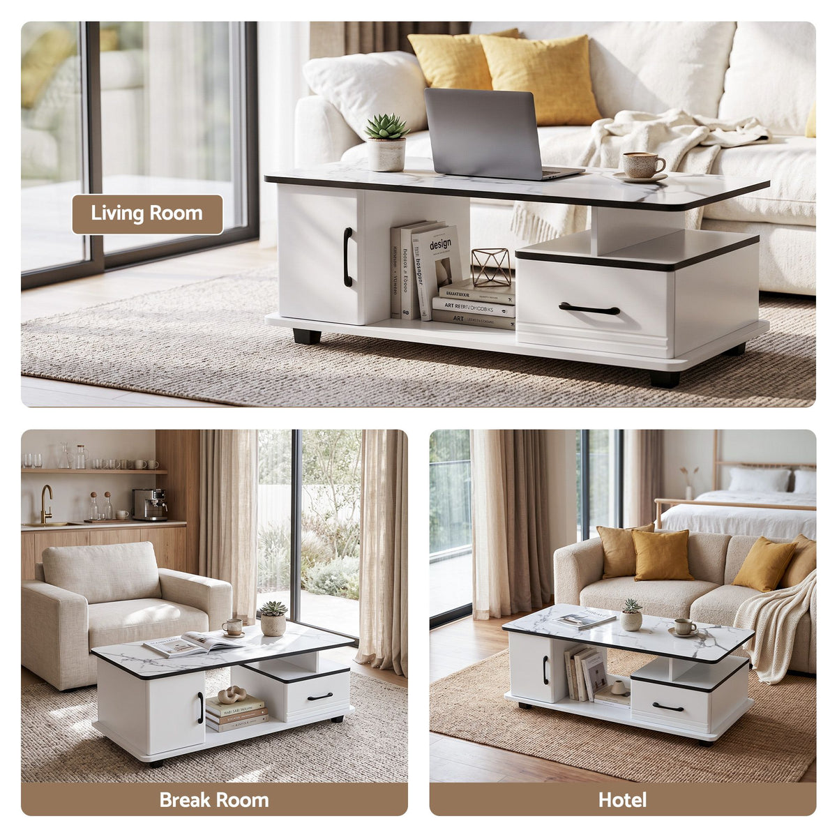 Sabine Marble-Look Storage Coffee Table 100cm – White