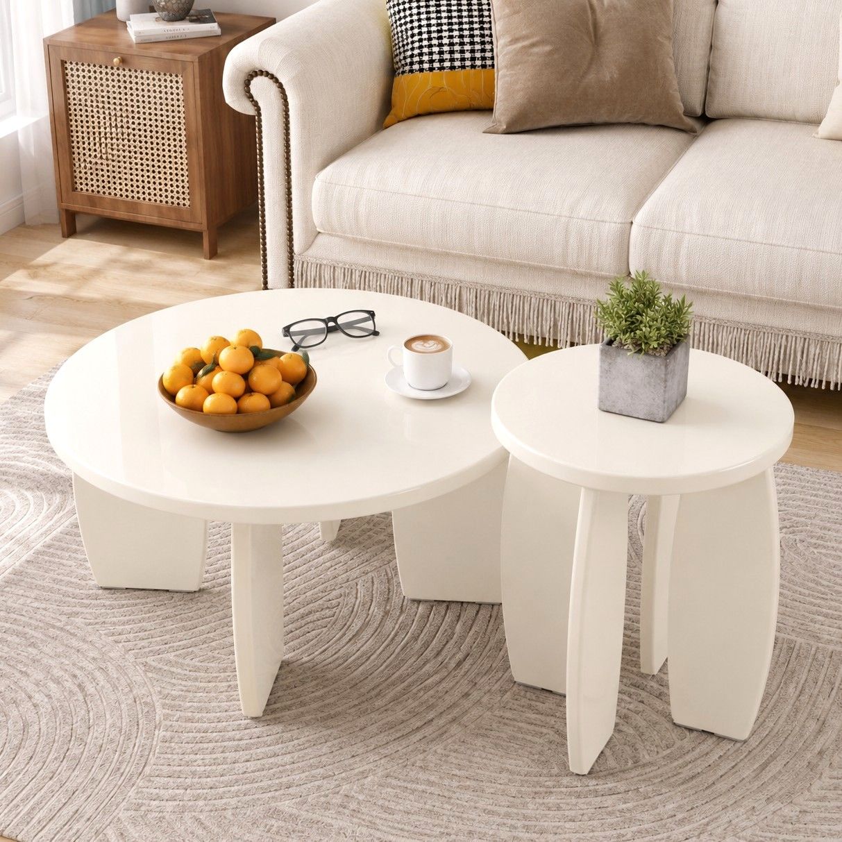 Mirelle High-Gloss Coffee & Side Table Set – Cream White