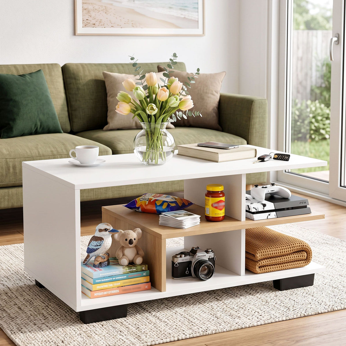 Sanna 3-Tier Coffee Table 90cm – White & Wood