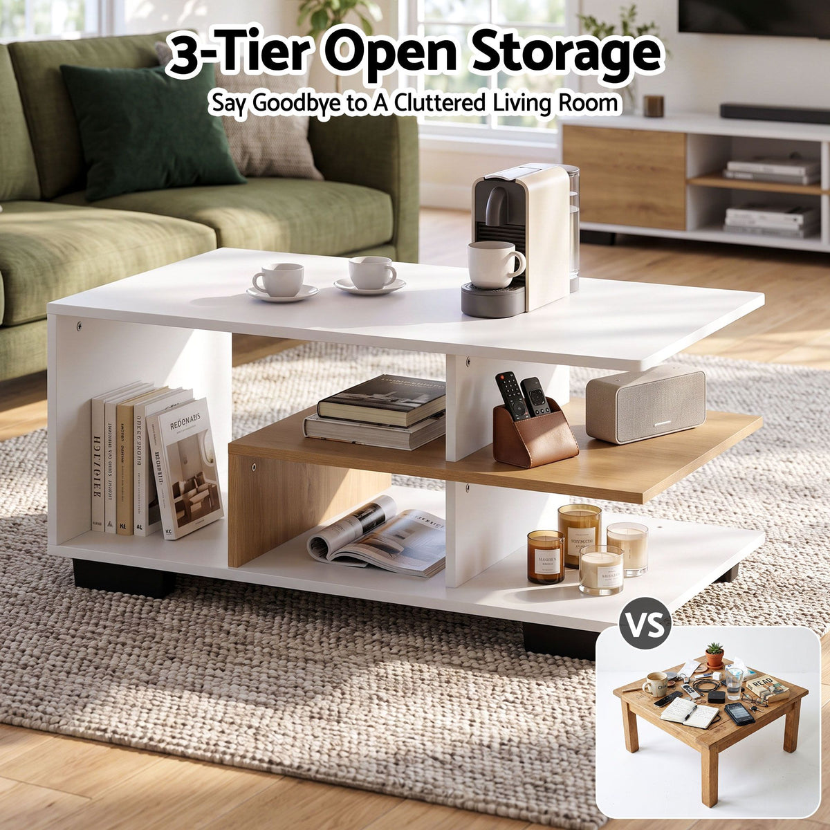 Sanna 3-Tier Coffee Table 90cm – White & Wood
