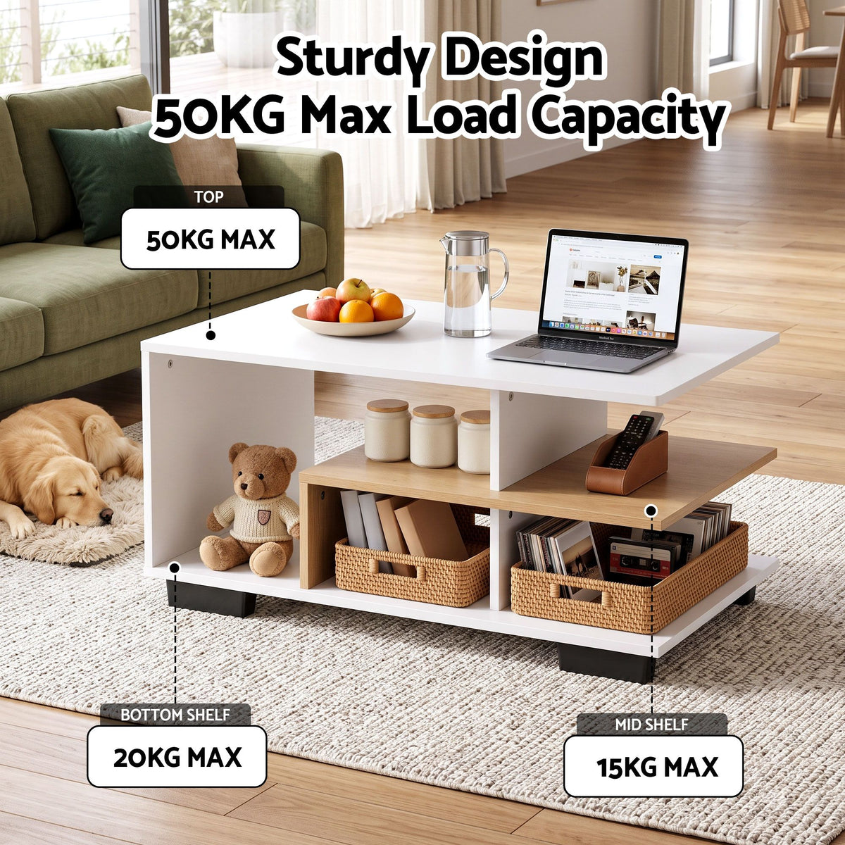 Sanna 3-Tier Coffee Table 90cm – White & Wood