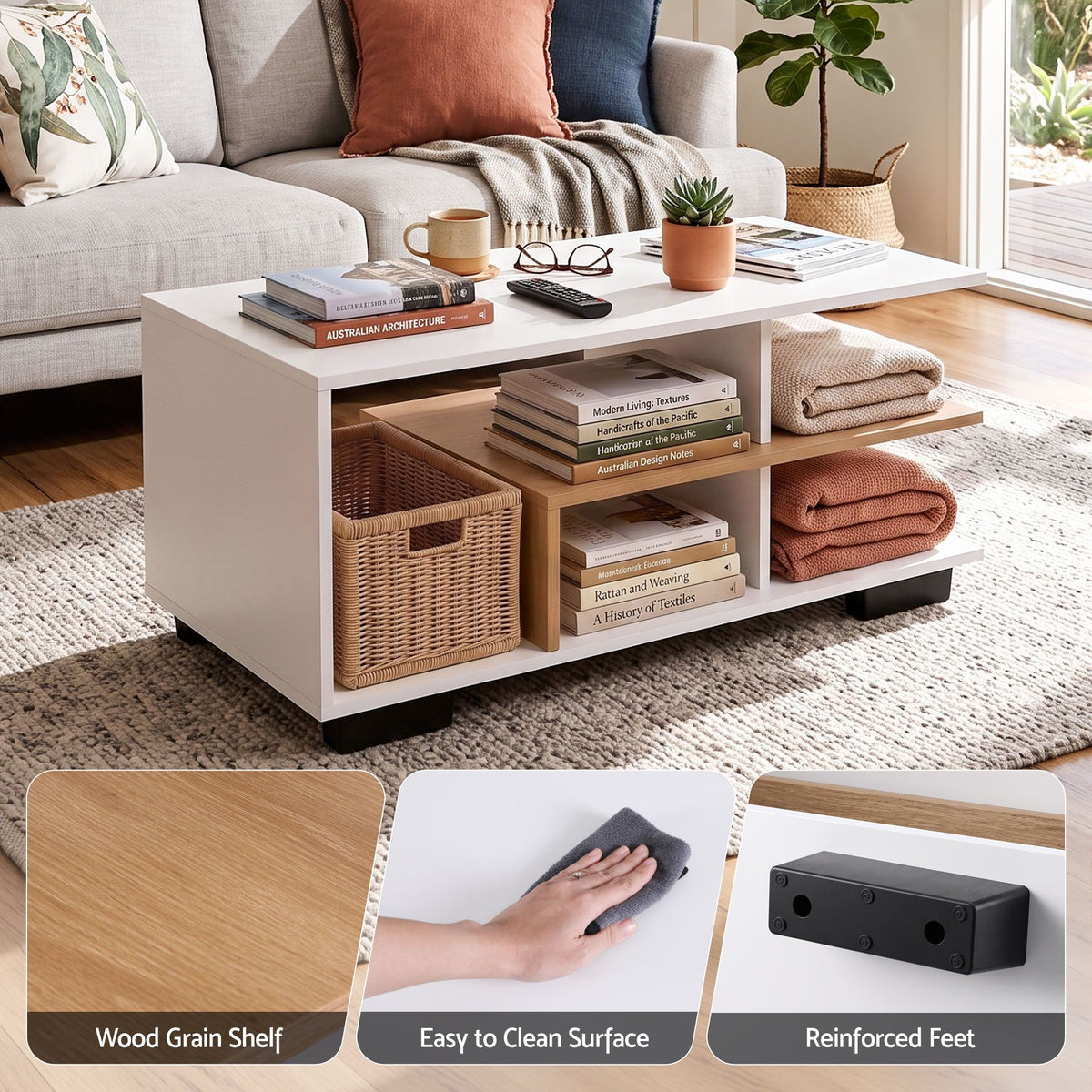 Sanna 3-Tier Coffee Table 90cm – White & Wood