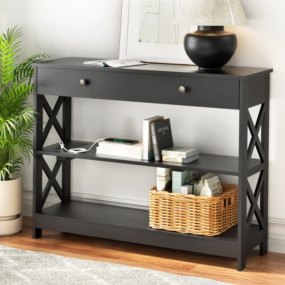 Console Table with USB Power Outlets - Black - Homecoze