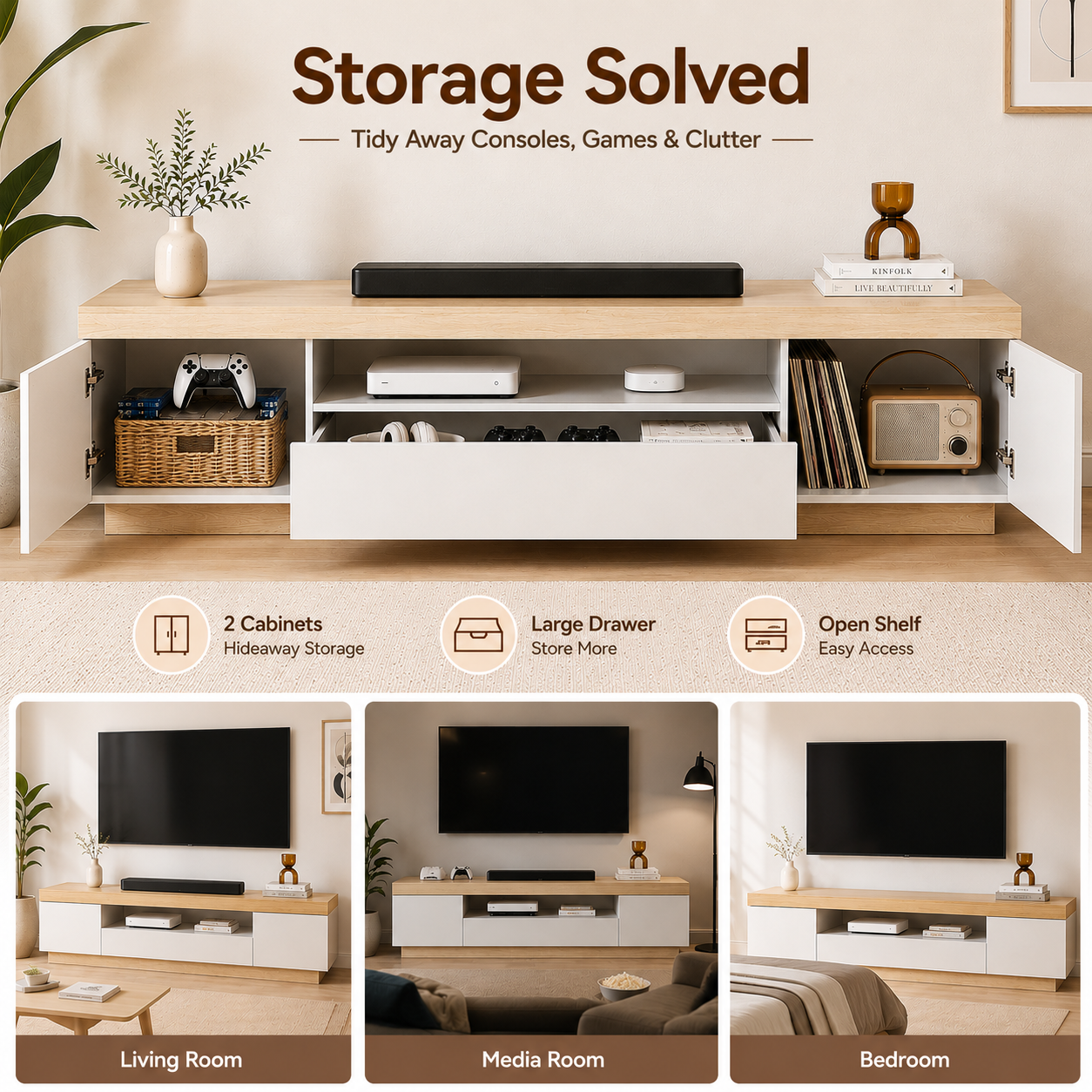 Harlow Modern TV Unit 180cm – White & Oak