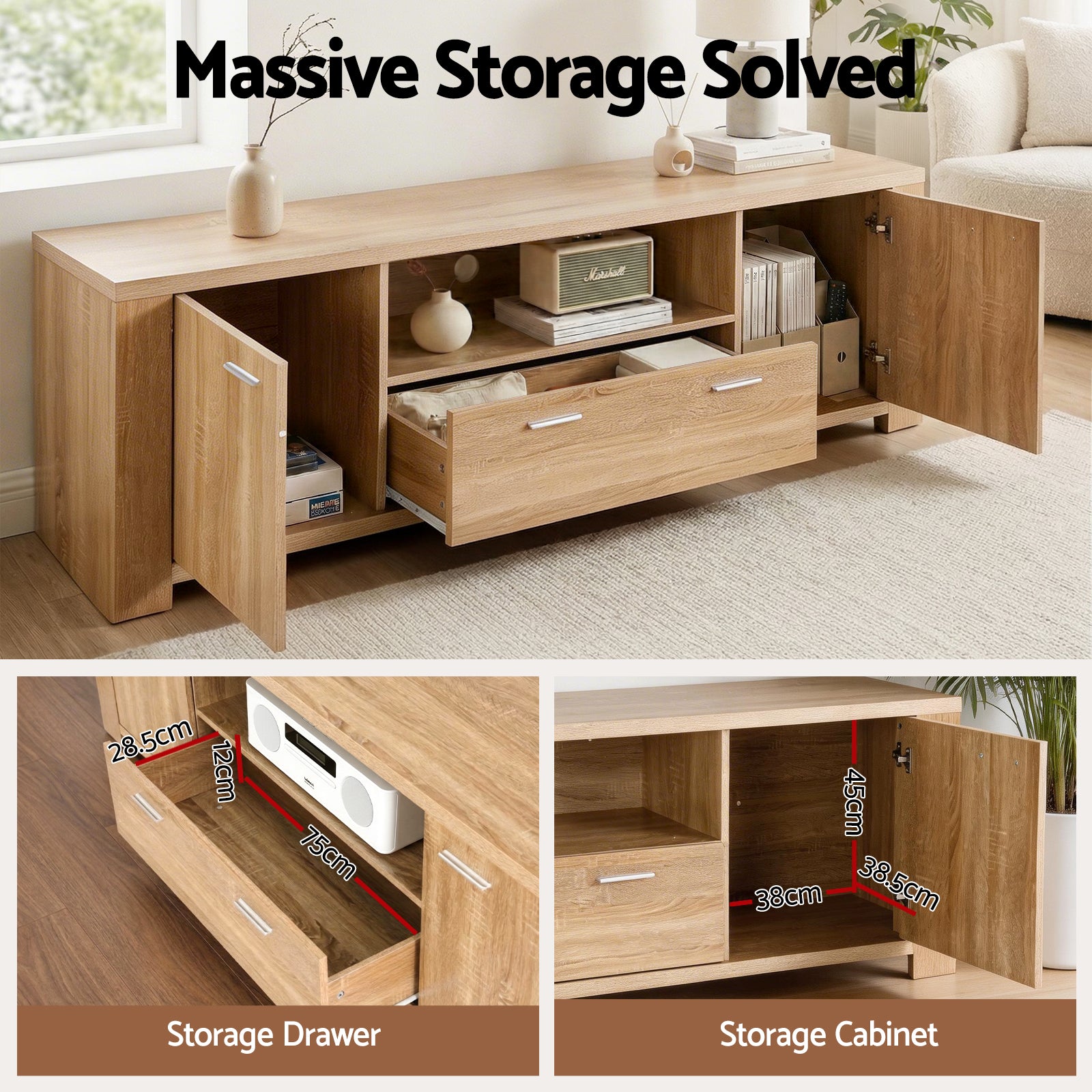 Artiss 180cm TV Unit Entertainment Unit Storage Drawer Cabinet Pine - Homecoze