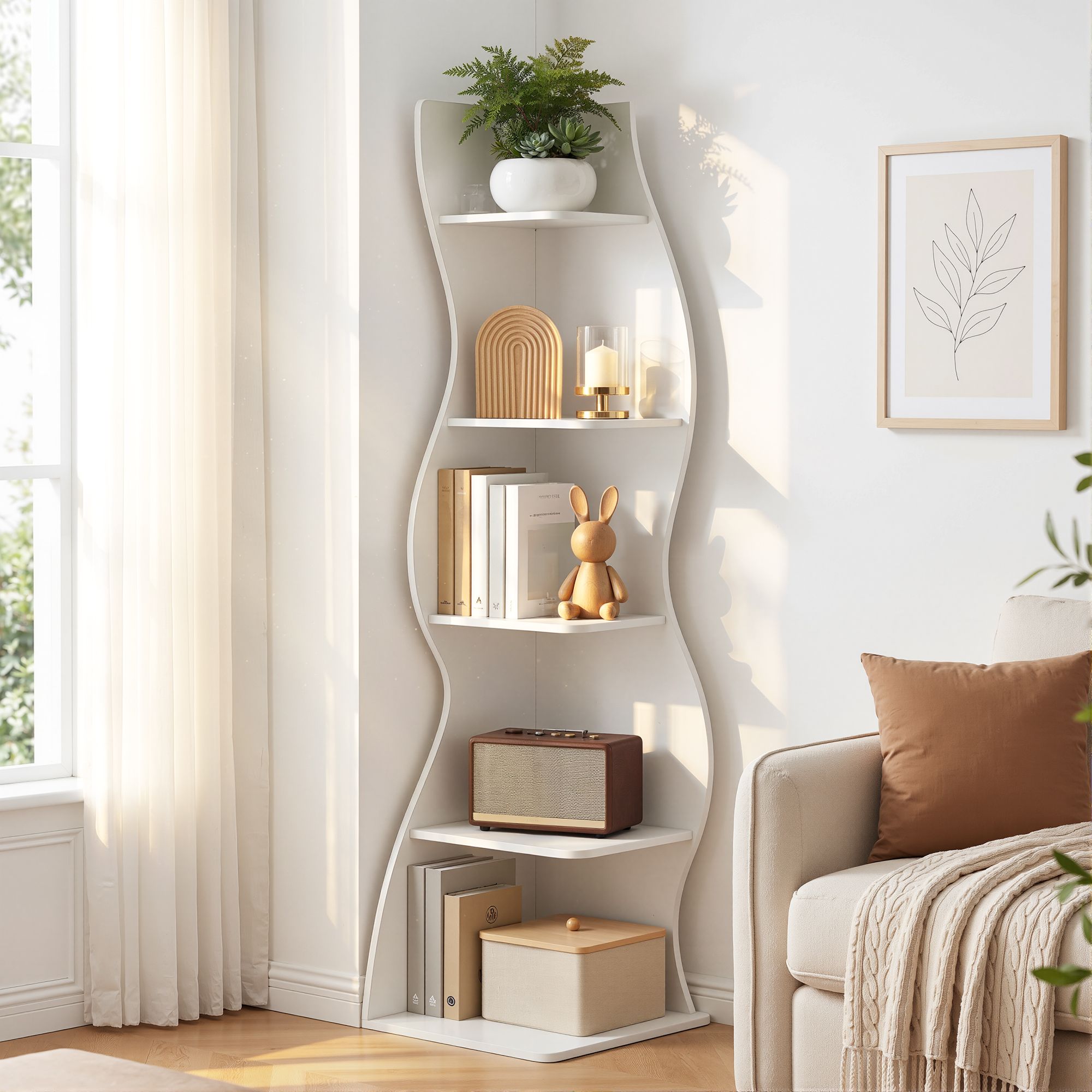 S-Shaped Corner Bookshelf 5 Tier - White
