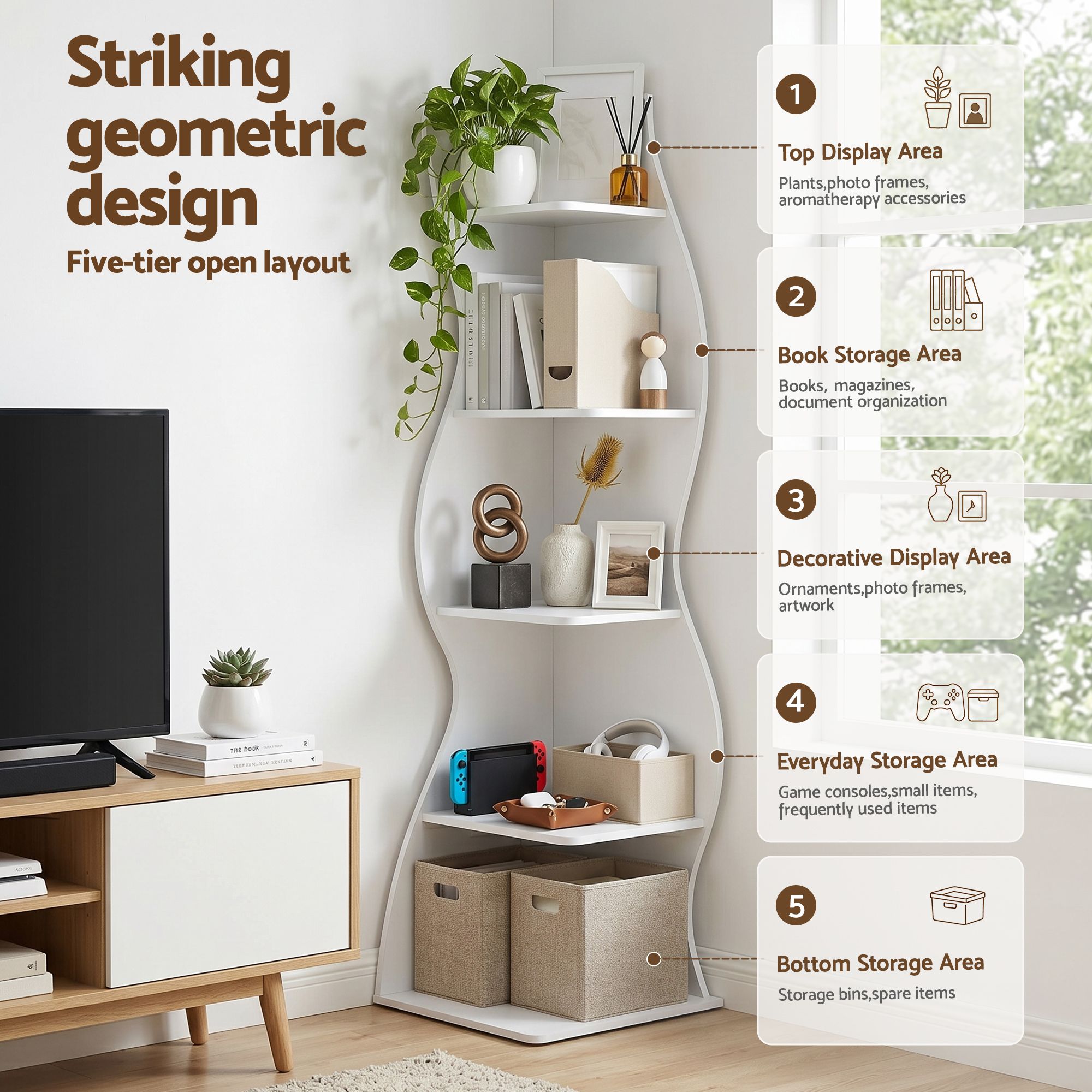 S-Shaped Corner Bookshelf 5 Tier - White