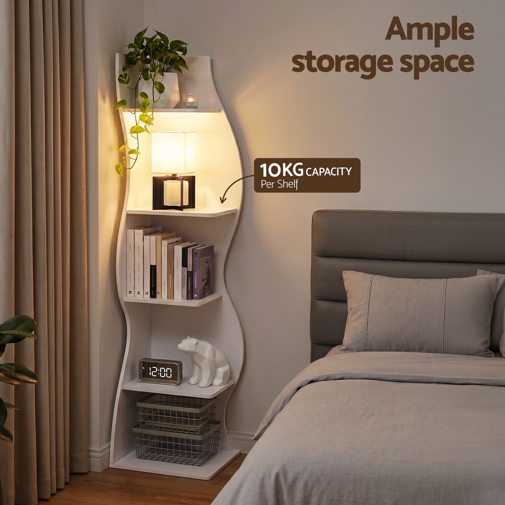 S-Shaped Corner Bookshelf 5 Tier - White
