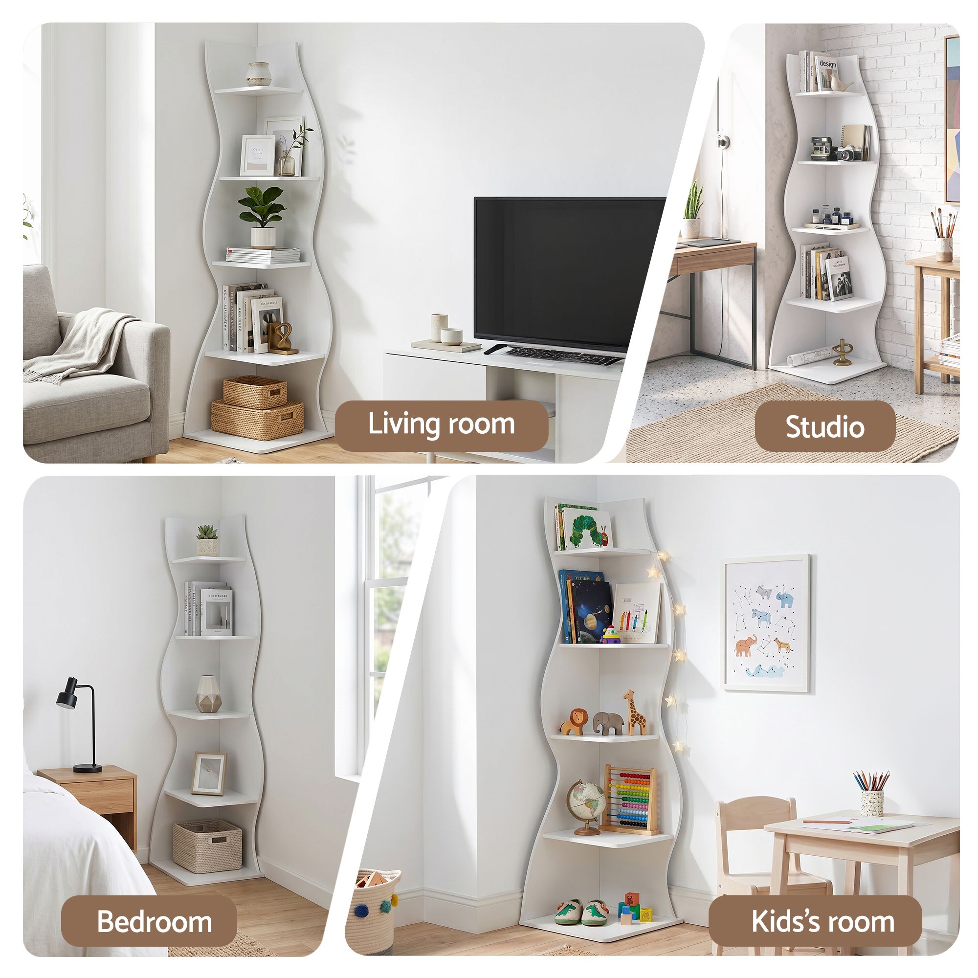 S-Shaped Corner Bookshelf 5 Tier - White