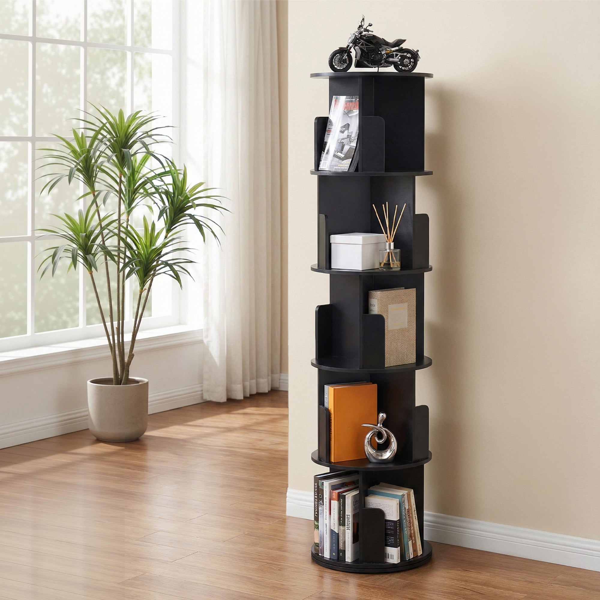 5-Tier Round Swivel Display Bookshelf - Black - Homecoze