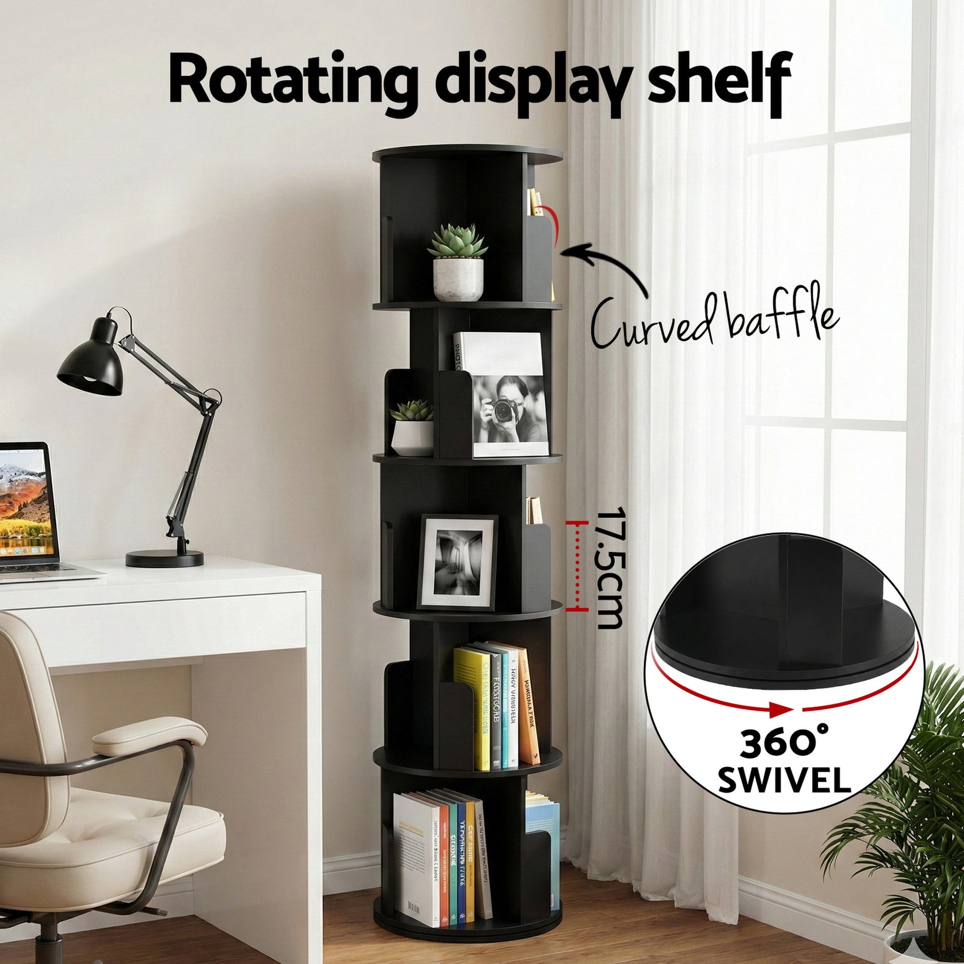 5-Tier Round Swivel Display Bookshelf - Black - Homecoze