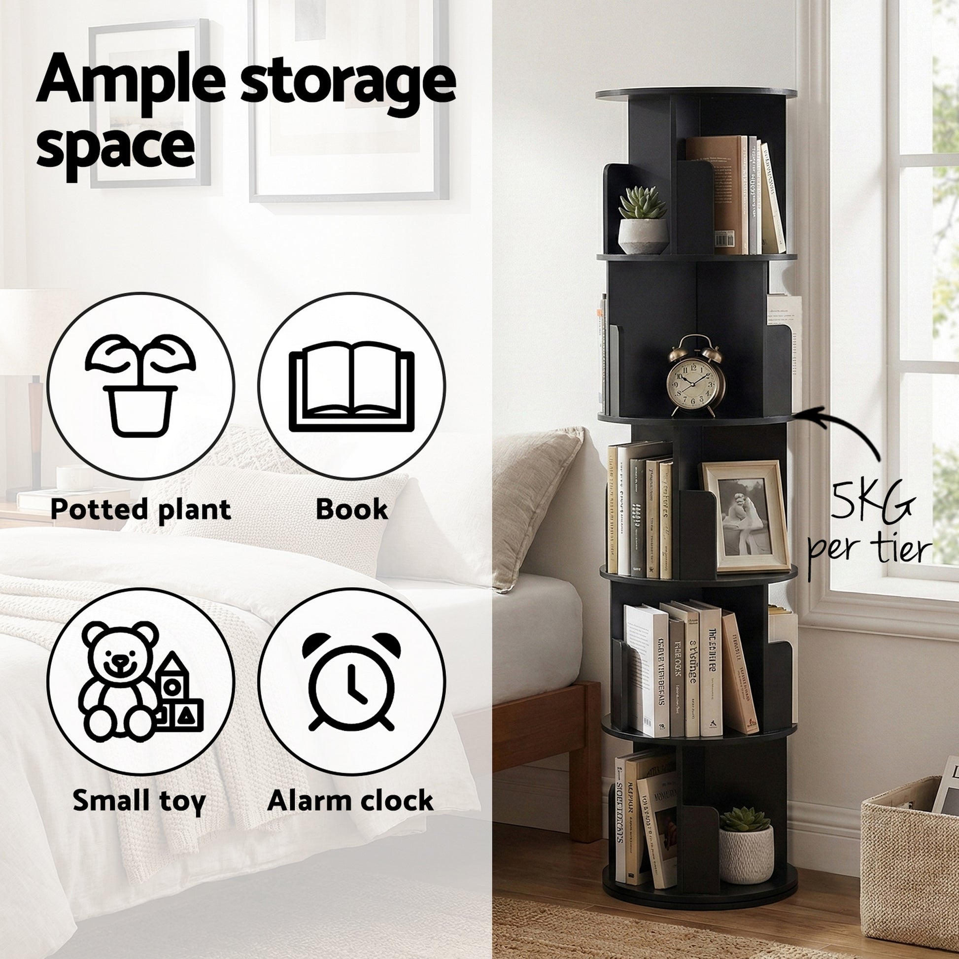 5-Tier Round Swivel Display Bookshelf - Black - Homecoze