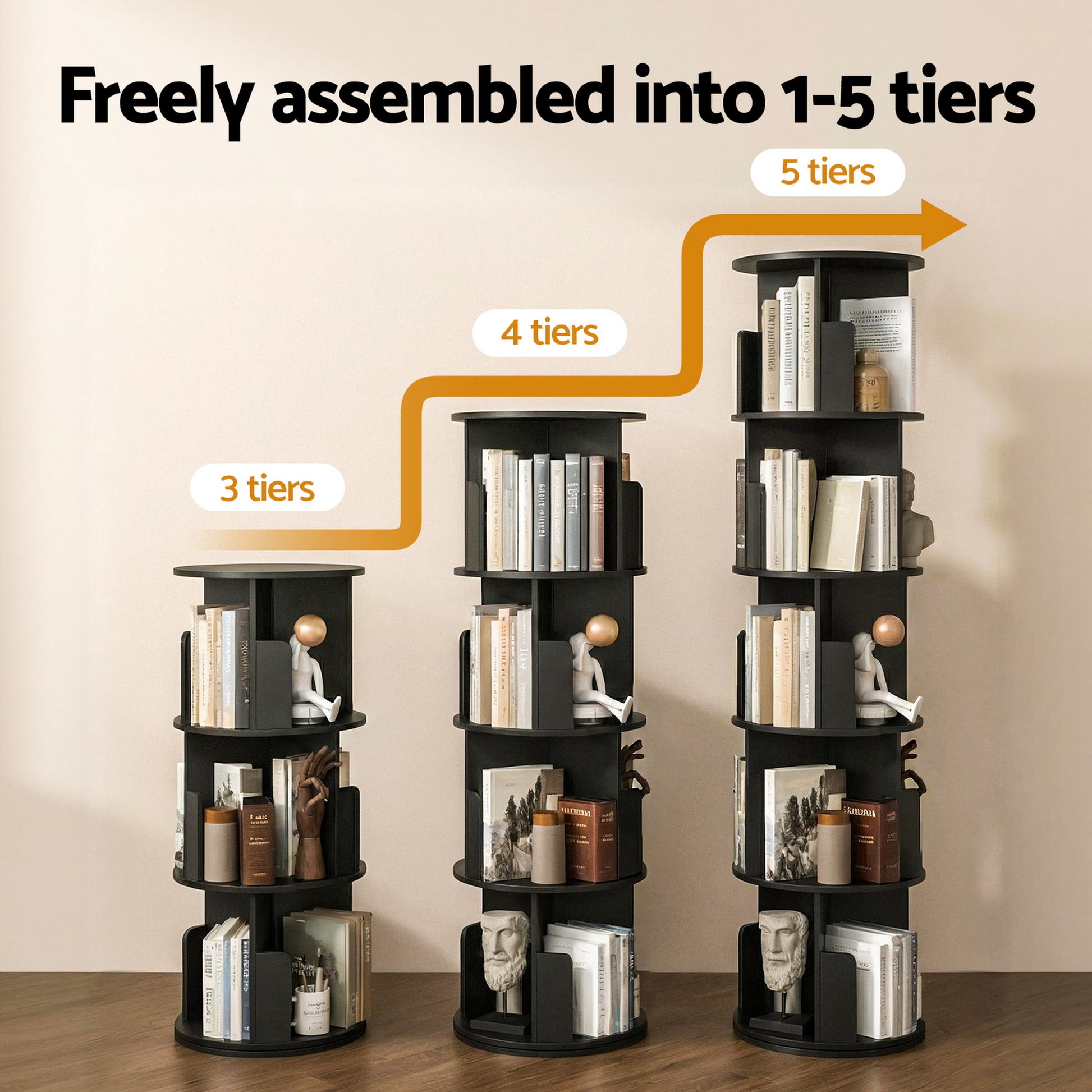 5-Tier Round Swivel Display Bookshelf - Black - Homecoze