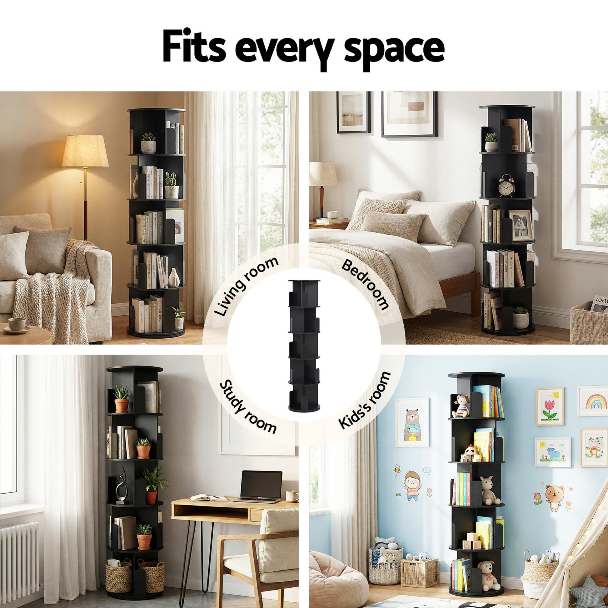 5-Tier Round Swivel Display Bookshelf - Black - Homecoze