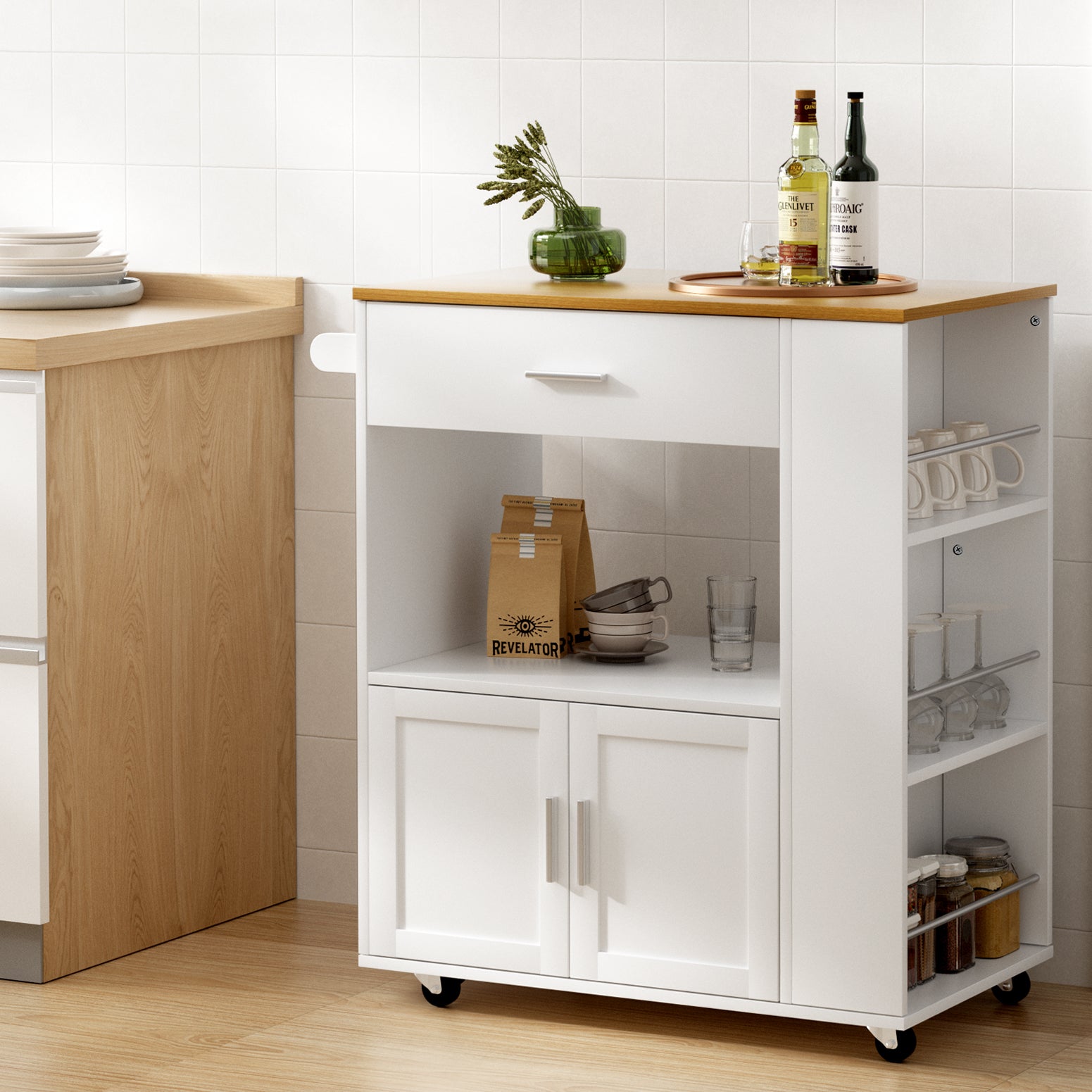 Compact Serving Cart Kitchen Island Trolley - White - Homecoze