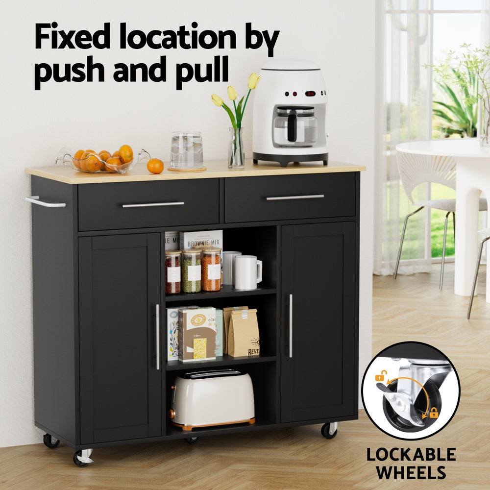 Artiss Kitchen Island Trolley Rolling Serving Cart Storage Drawer Cabinet 100cm Black - Homecoze